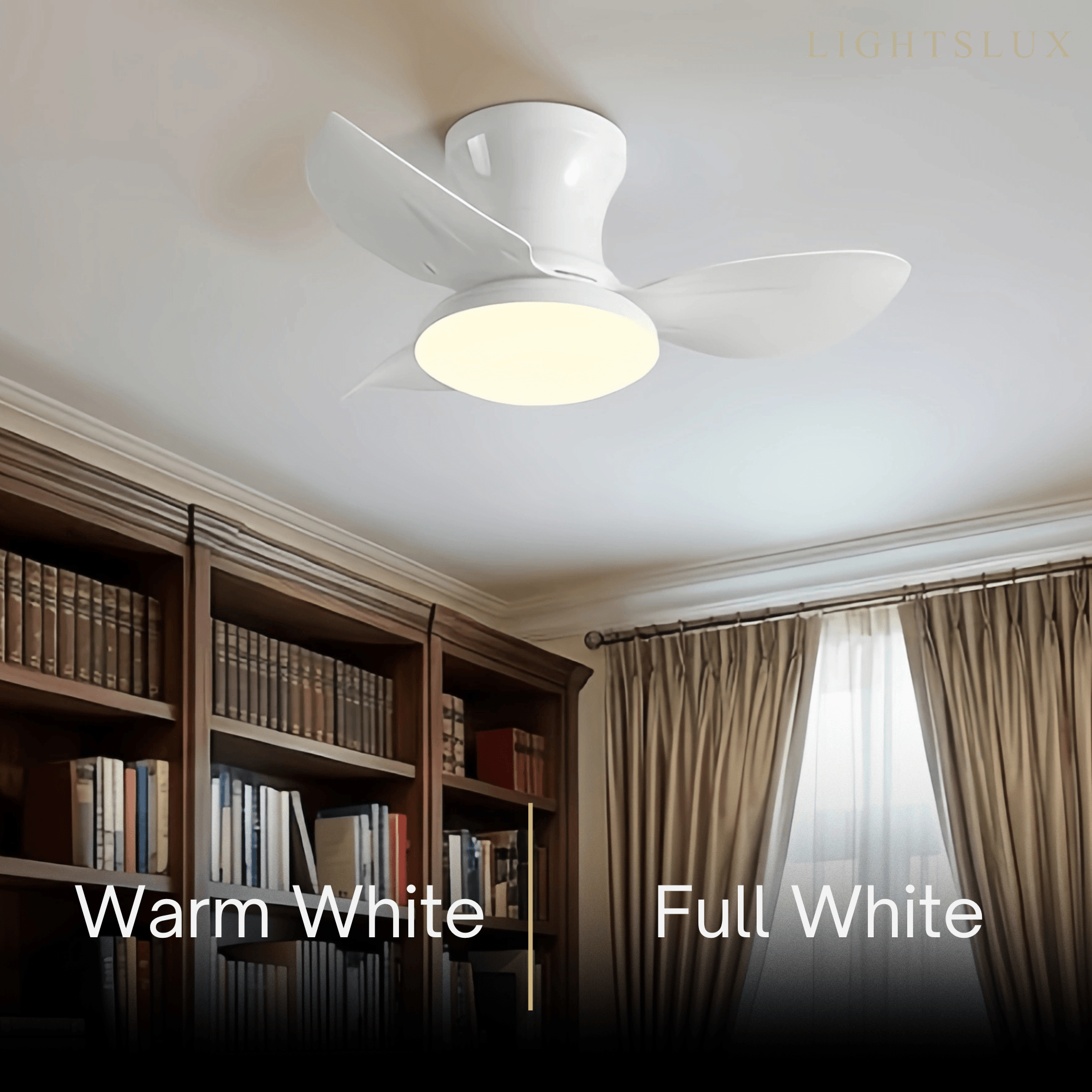Moderní stropní ventilátor se světlem – černobílý zapuštěný s LED do ložnice – Flindria