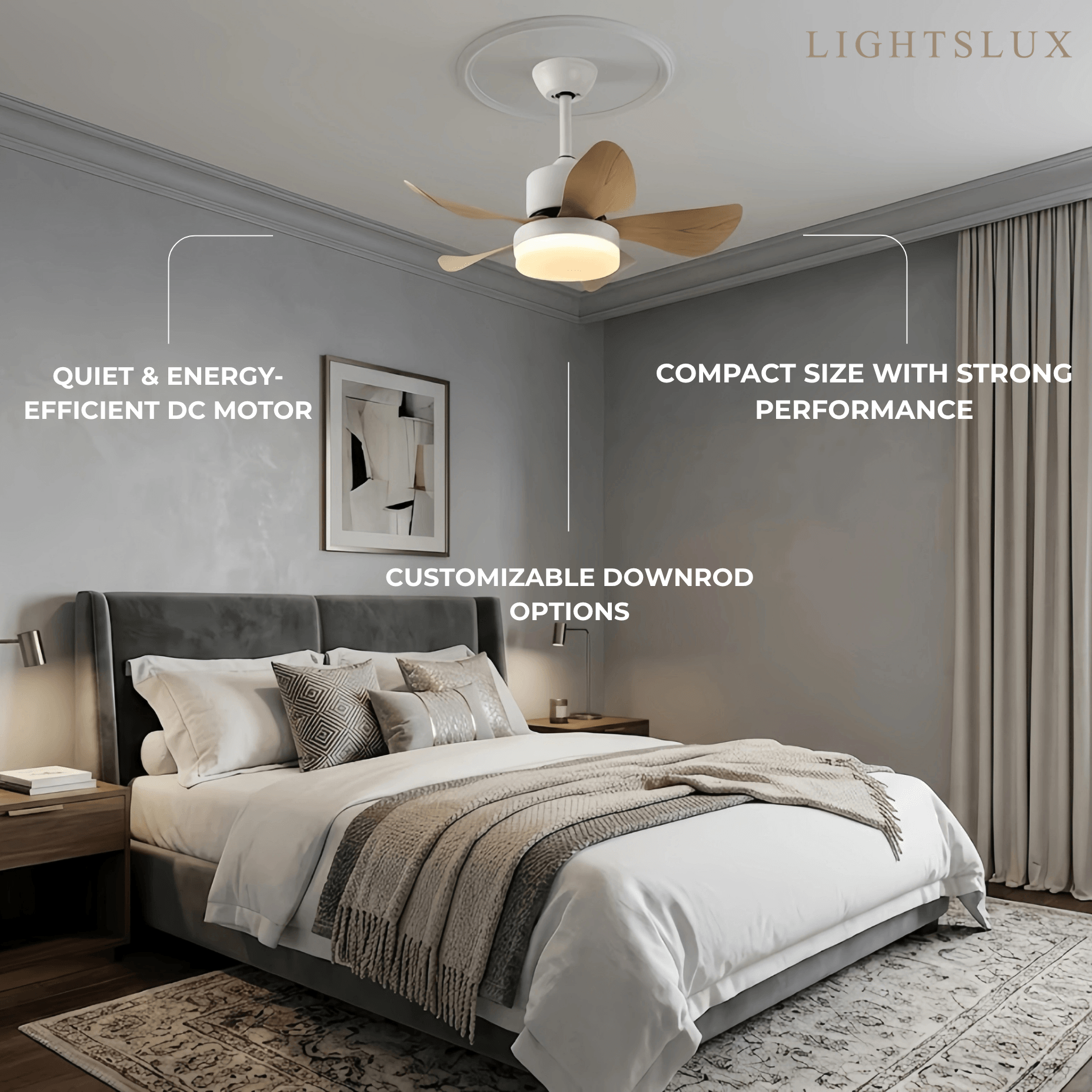 Minimalist Ceiling Fan Light -- Metal & ABS with LED, White/Oak/Grey/Black/Green for Bedroom - Flindria