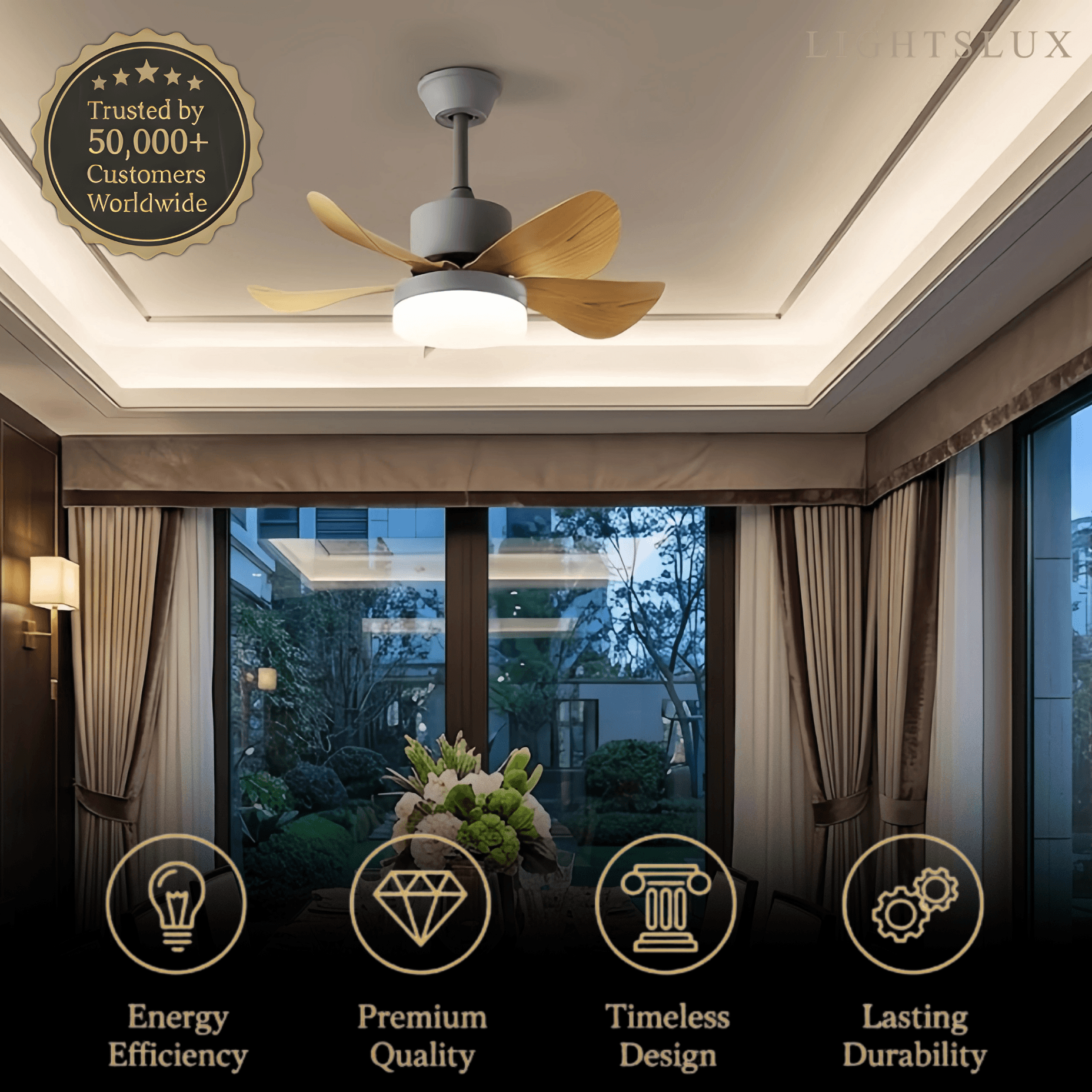 Minimalist Ceiling Fan Light -- Metal & ABS with LED, White/Oak/Grey/Black/Green for Bedroom - Flindria
