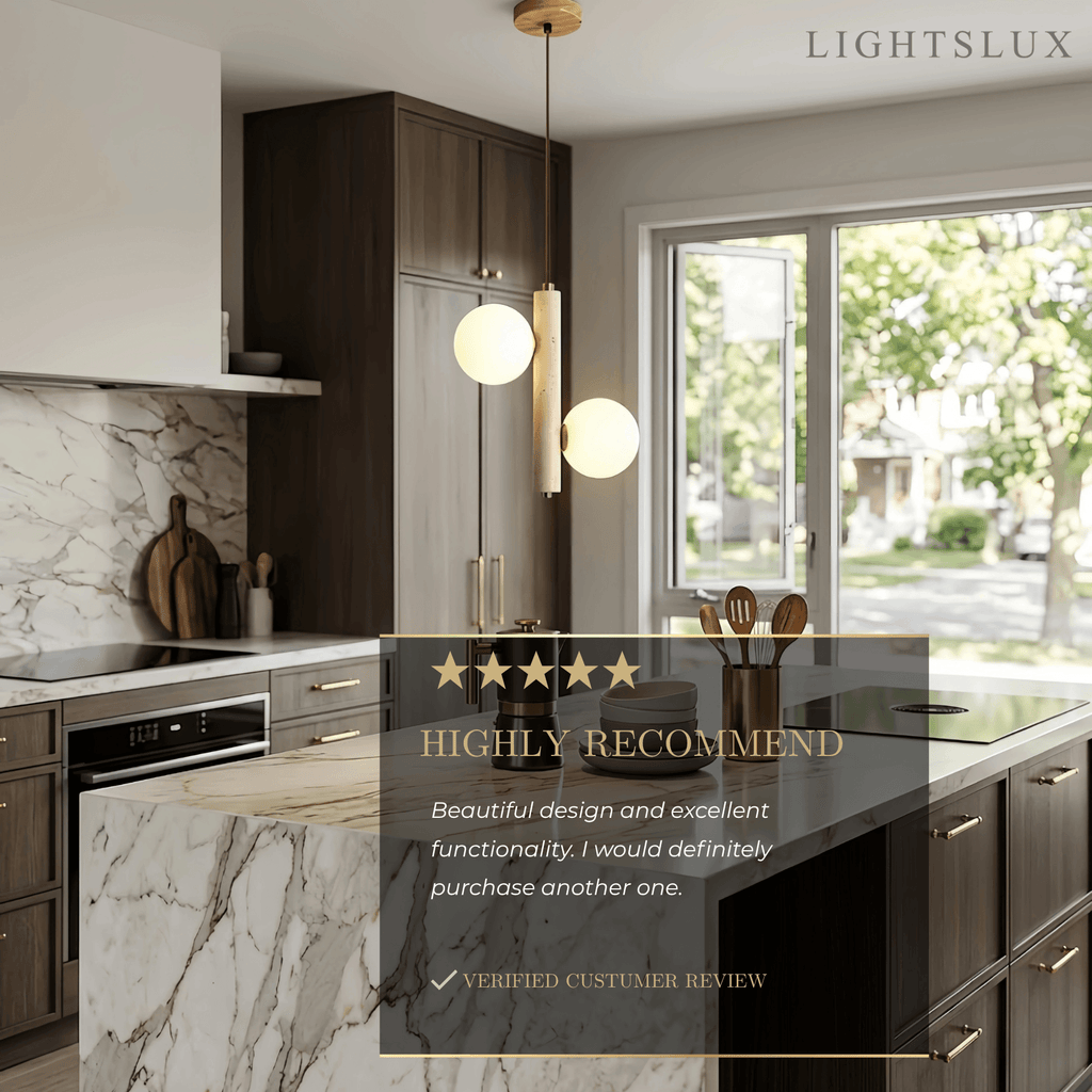 Modern Travertine Pendant Light -- Natural Stone & Wood for Kitchen Dining Room - Flindria