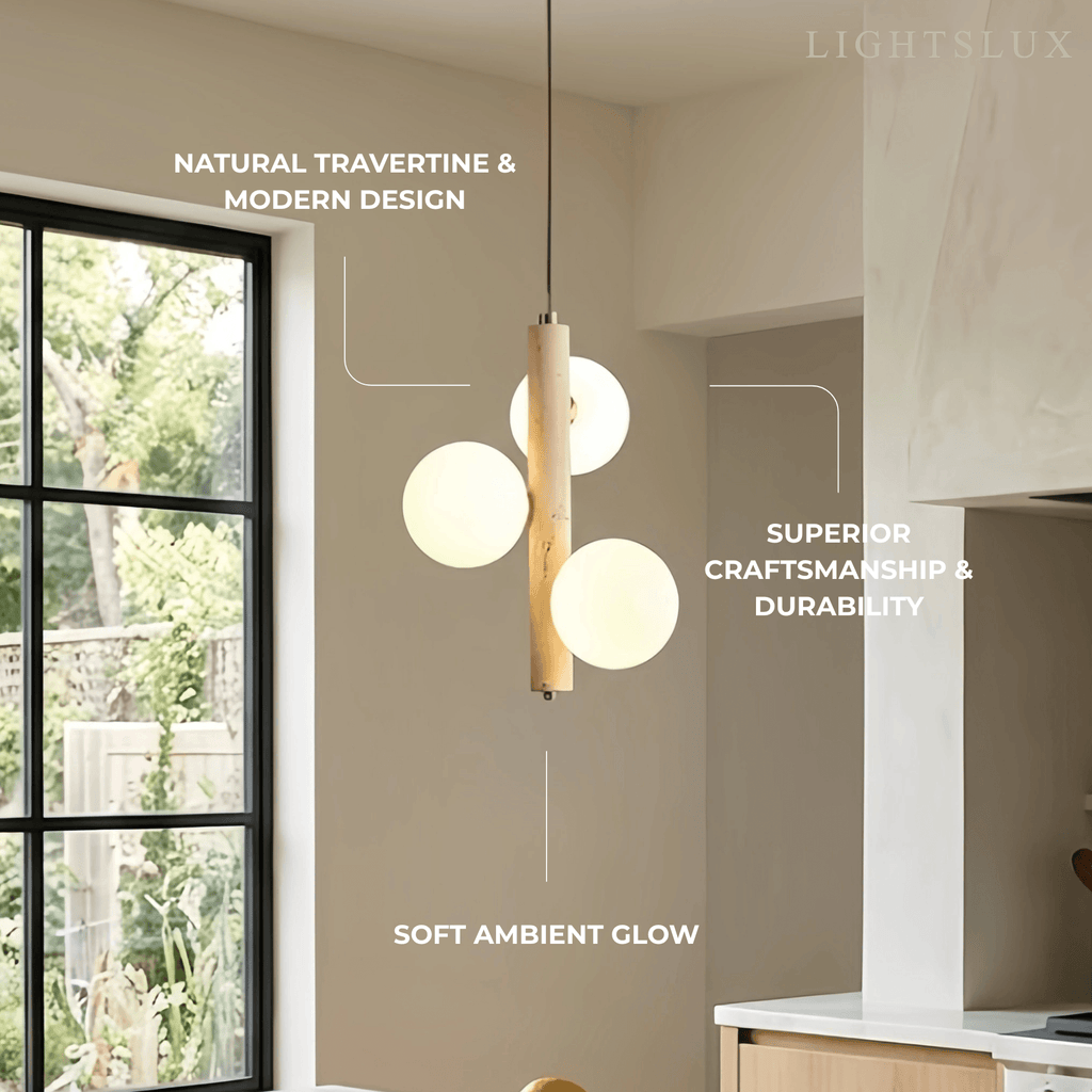 Modern Travertine Pendant Light -- Natural Stone & Wood for Kitchen Dining Room - Flindria