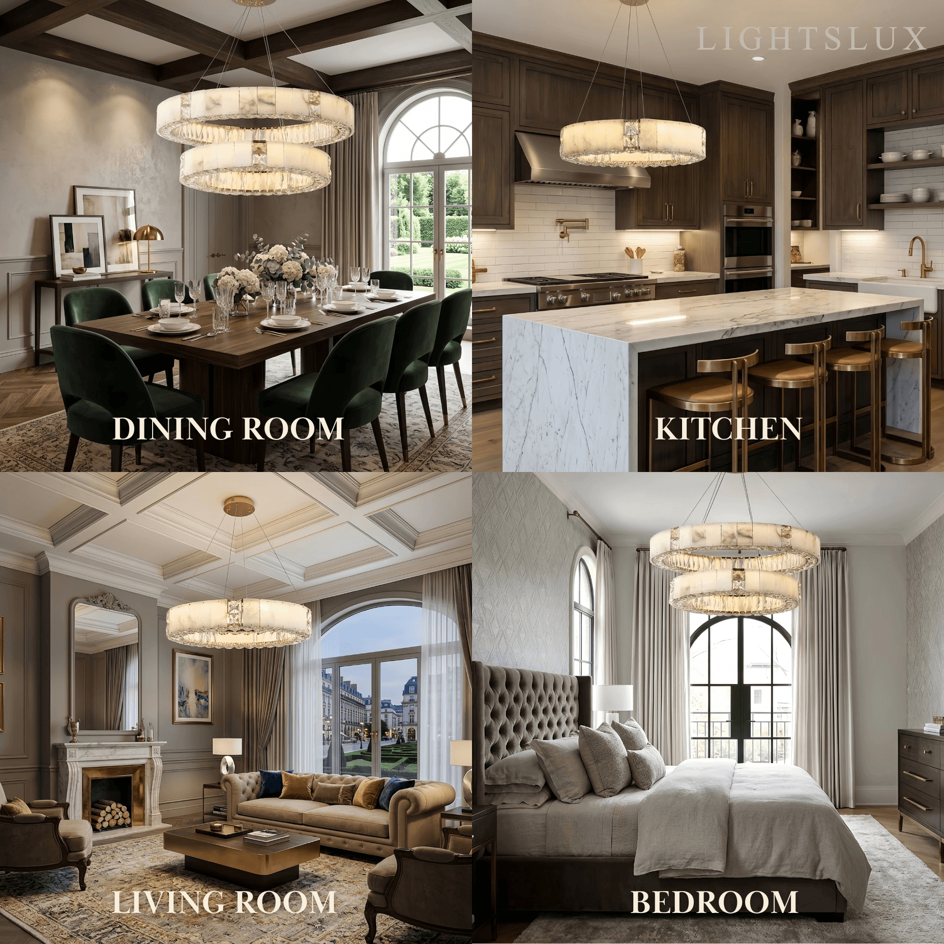 Modern Alabaster Circular Chandelier – Gold Crystal Accent for Living Room / Dining Room - Flindria