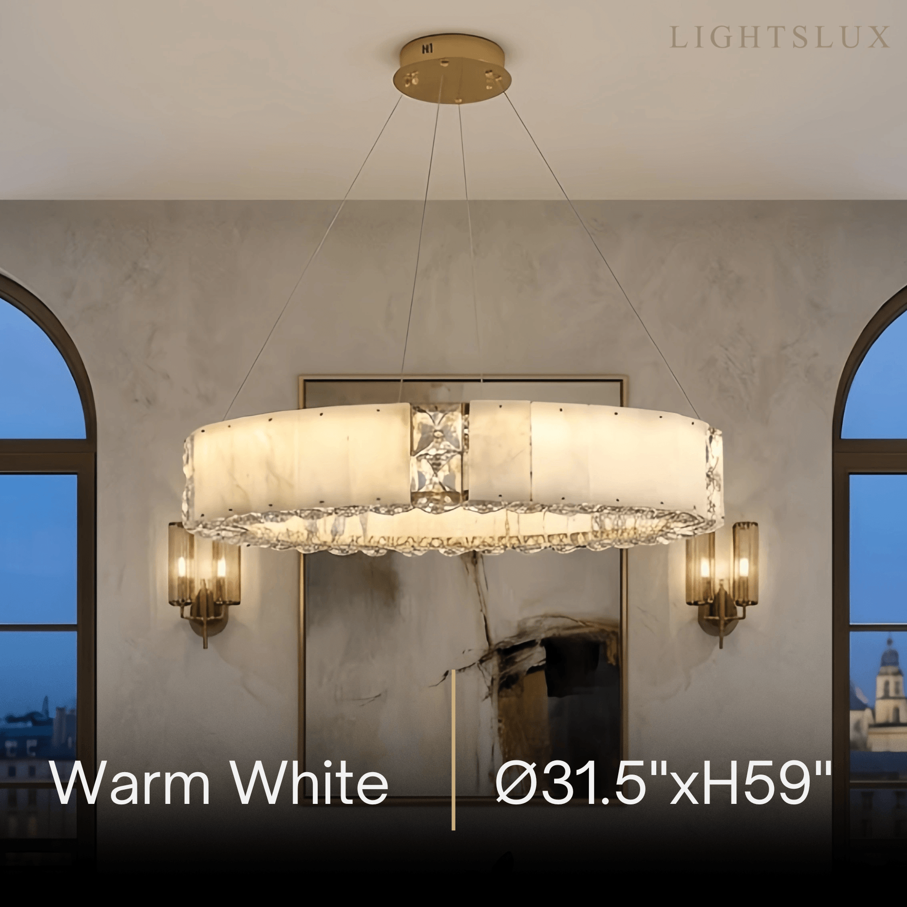 Modern Alabaster Circular Chandelier – Gold Crystal Accent for Living Room / Dining Room - Flindria
