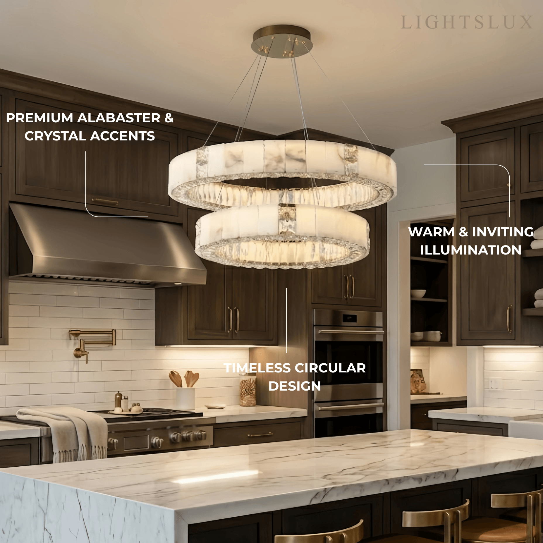 Modern Alabaster Circular Chandelier – Gold Crystal Accent for Living Room / Dining Room - Flindria