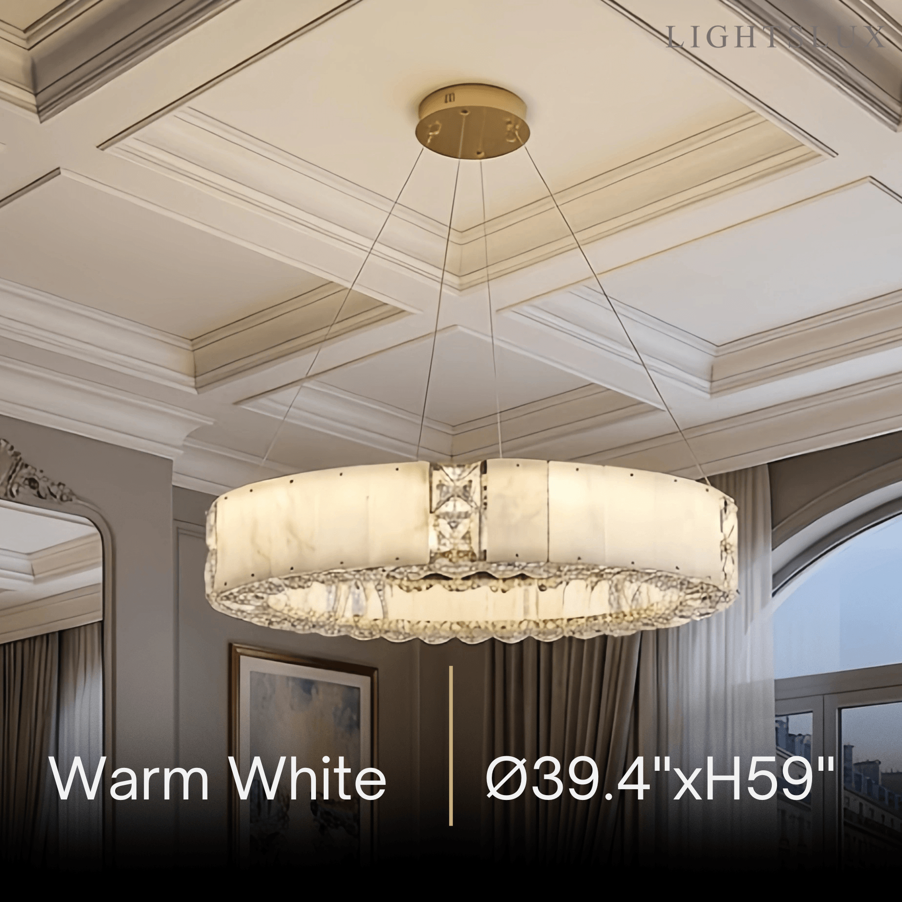 Modern Alabaster Circular Chandelier – Gold Crystal Accent for Living Room / Dining Room - Flindria