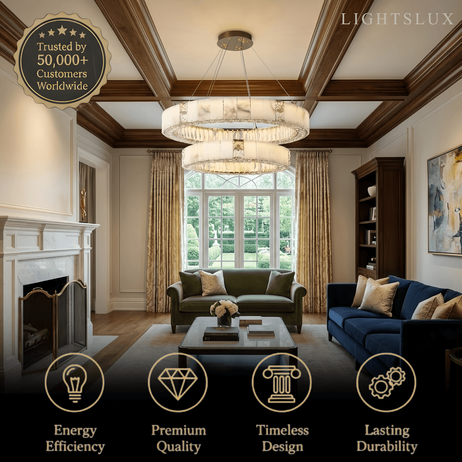Modern Alabaster Circular Chandelier – Gold Crystal Accent for Living Room / Dining Room - Flindria