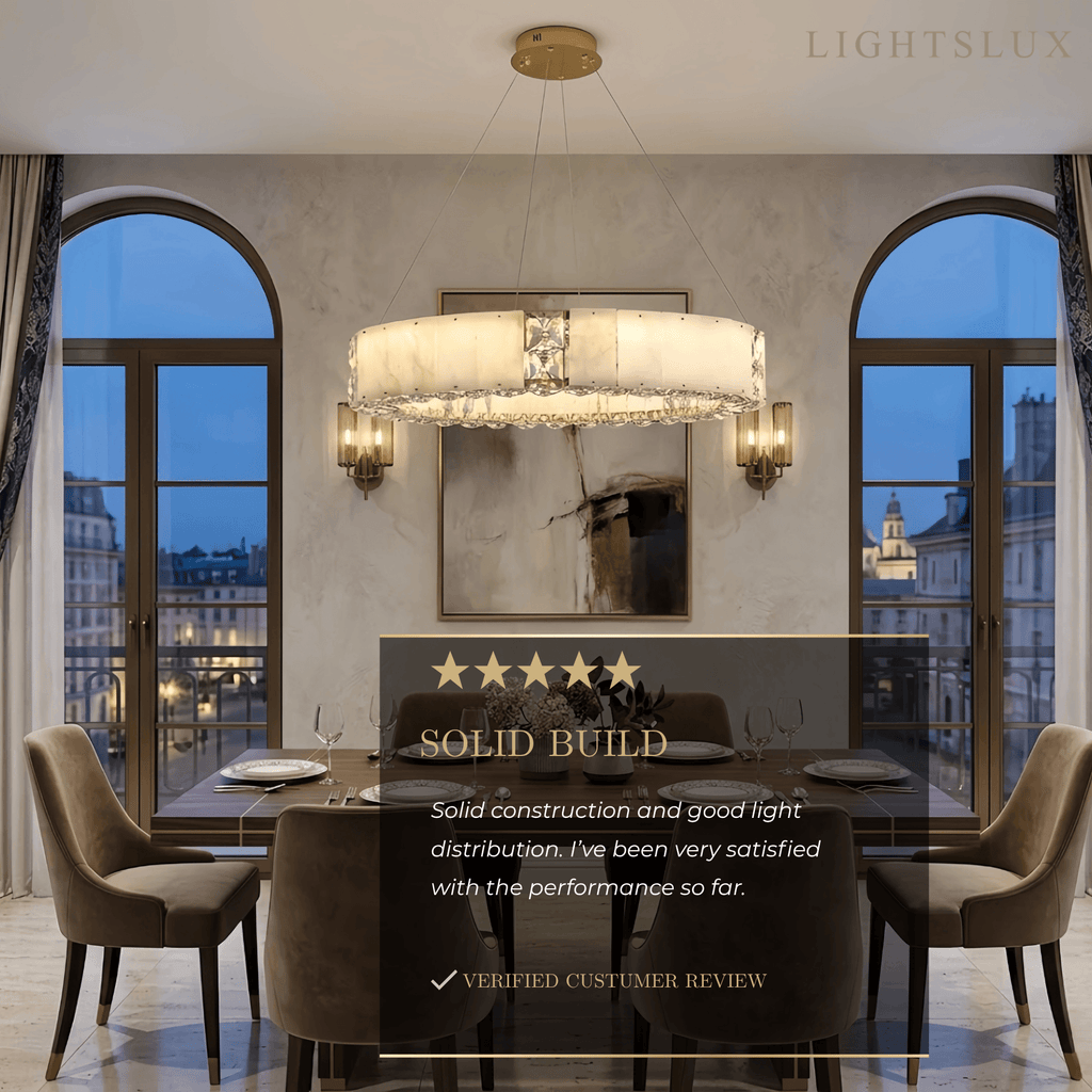 Modern Alabaster Circular Chandelier – Gold Crystal Accent for Living Room / Dining Room - Flindria