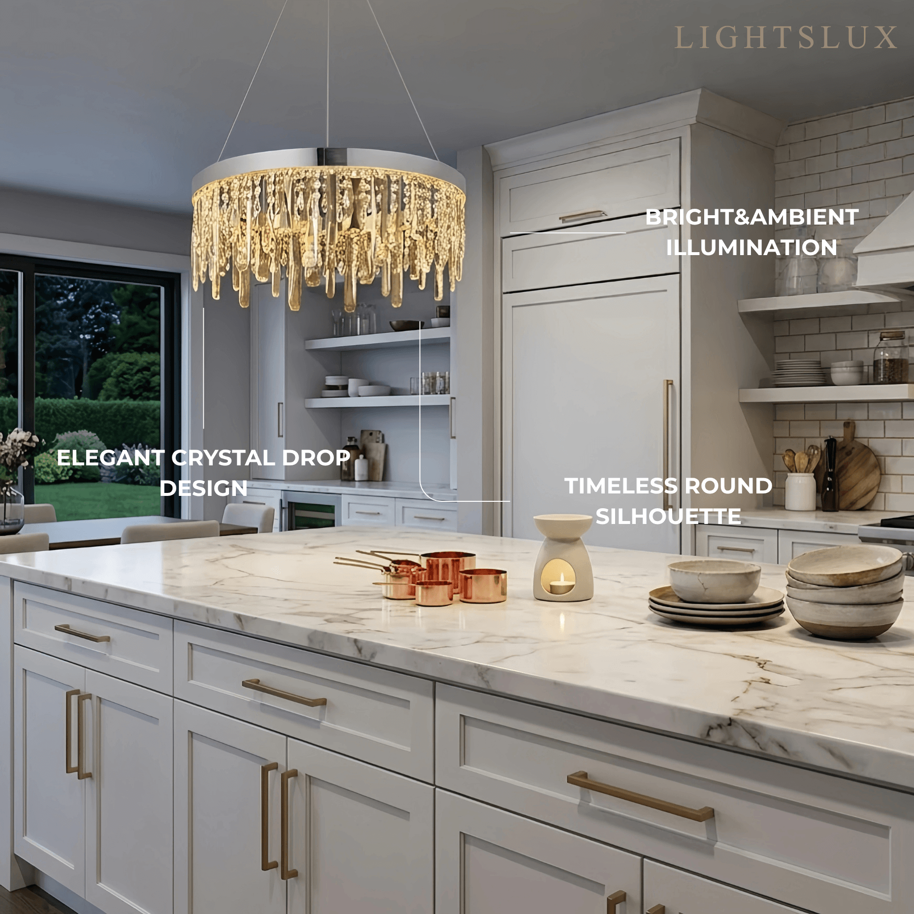 Modern Crystal Drop Chandelier – Chrome Round for Living Room / Dining Room - Flindria