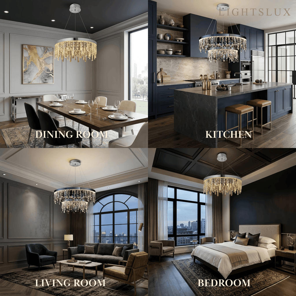 Modern Crystal Drop Chandelier – Chrome Round for Living Room / Dining Room - Flindria