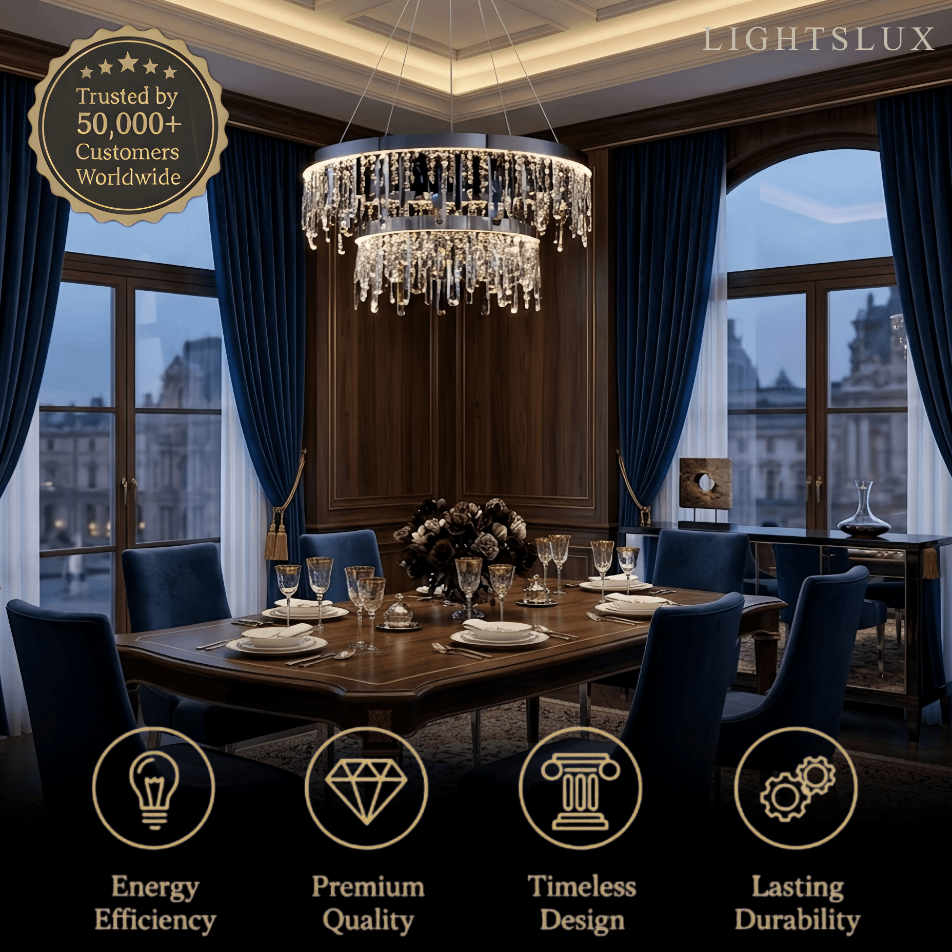 Modern Crystal Drop Chandelier – Chrome Round for Living Room / Dining Room - Flindria
