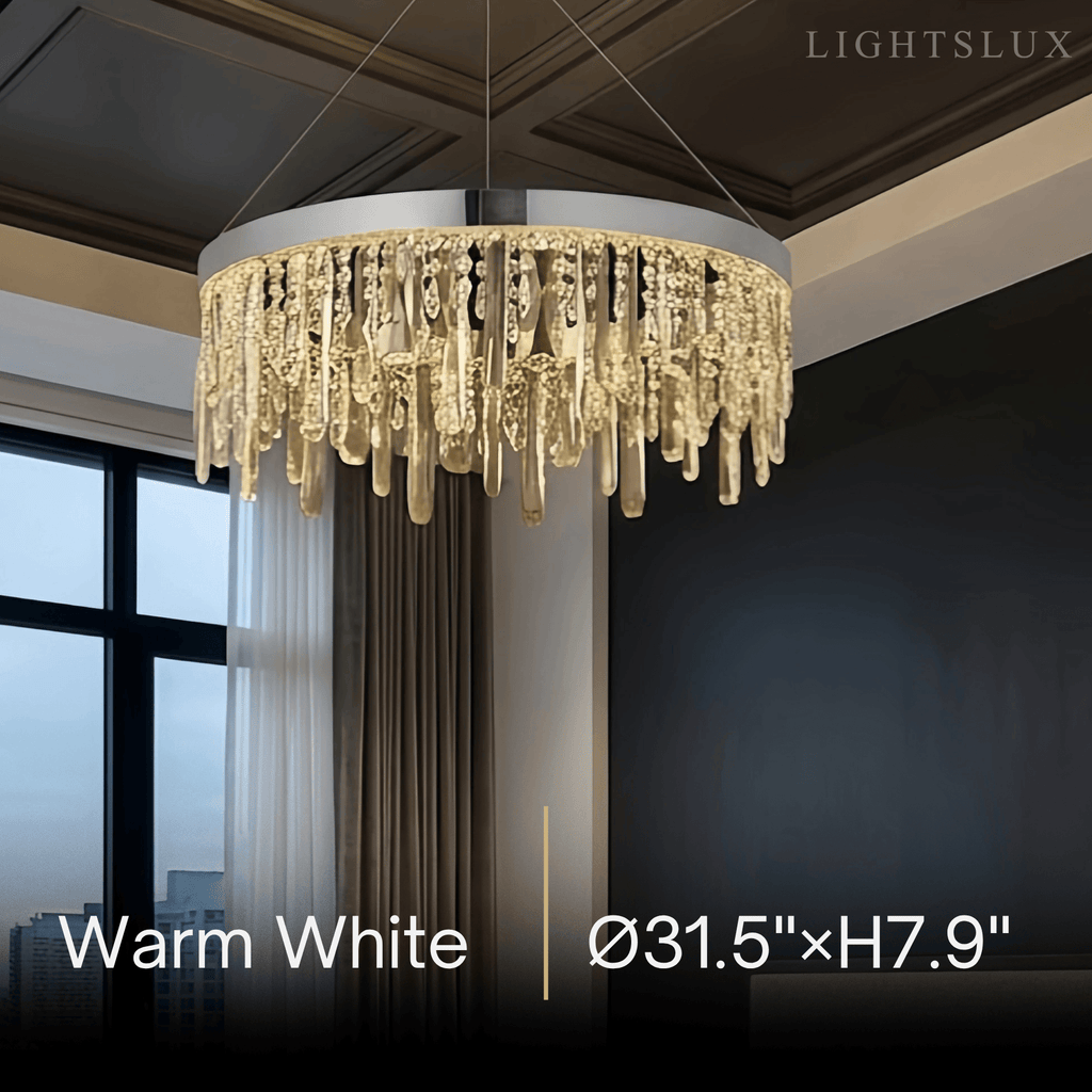 Modern Crystal Drop Chandelier – Chrome Round for Living Room / Dining Room - Flindria