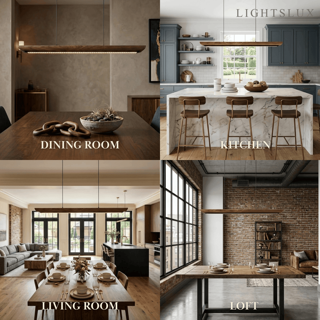 Modern Linear Pendant Light -- Walnut Wood & Metal for Dining Room Kitchen - Flindria