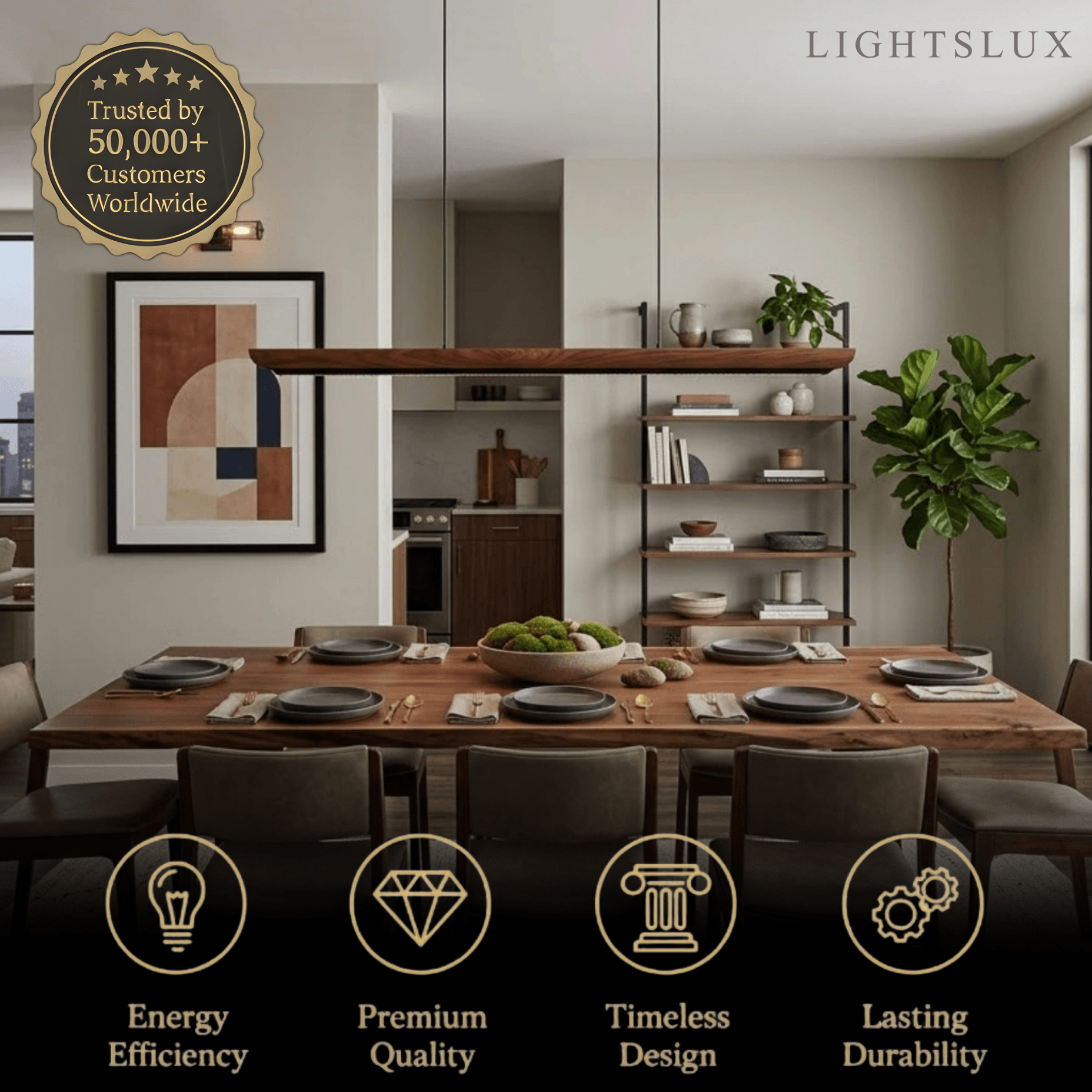 Modern Linear Pendant Light -- Walnut Wood & Metal for Dining Room Kitchen - Flindria
