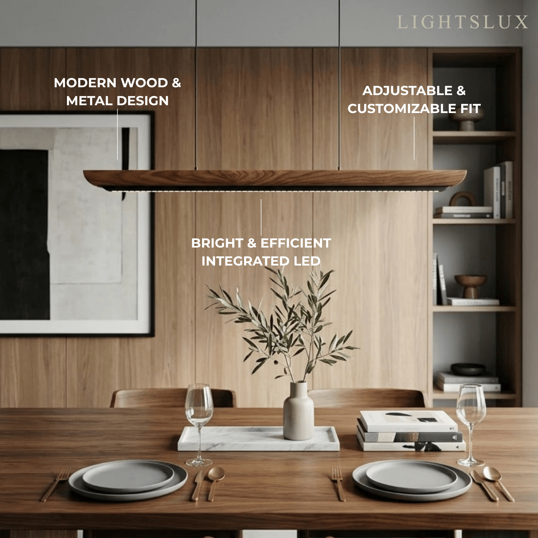 Modern Linear Pendant Light -- Walnut Wood & Metal for Dining Room Kitchen - Flindria