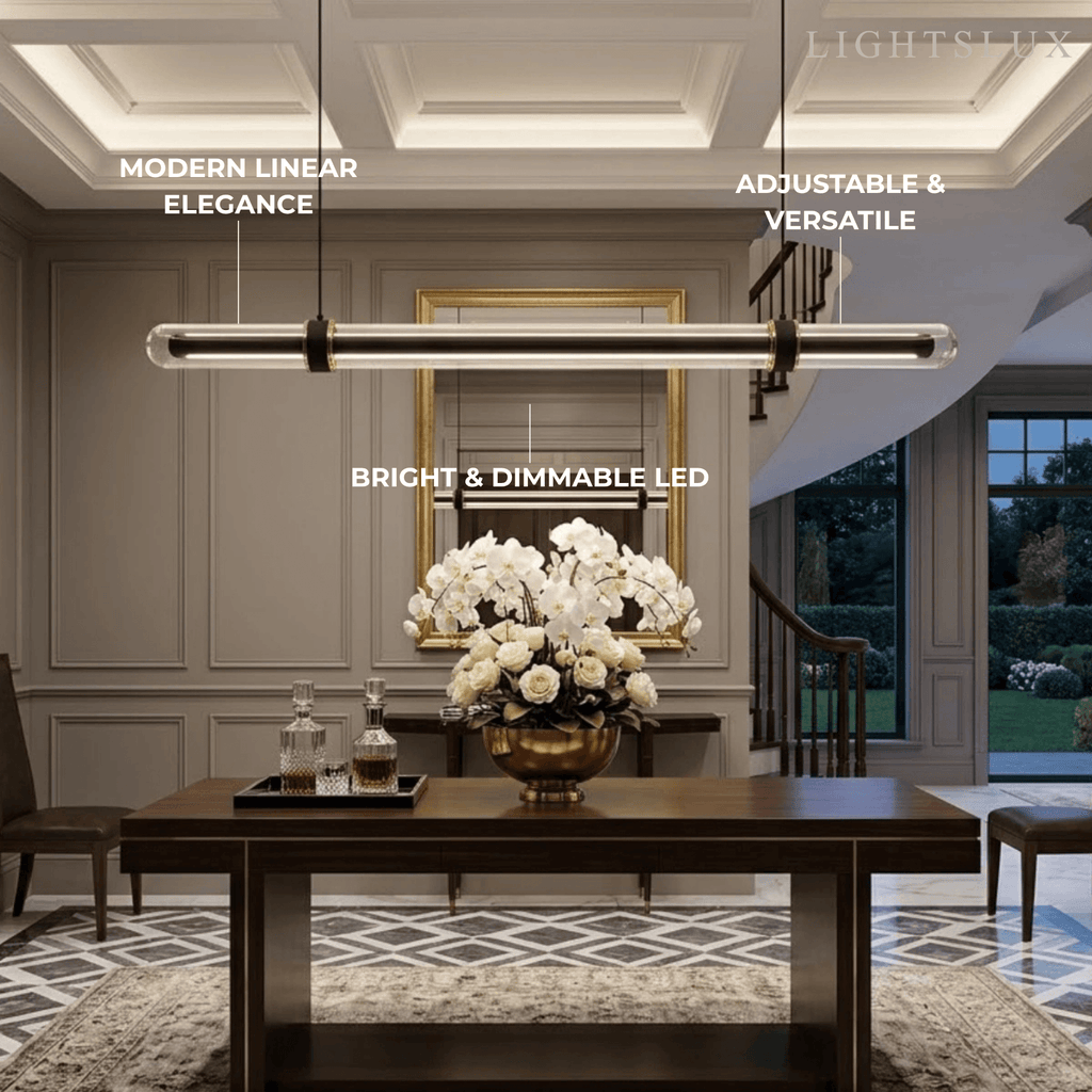 Modern Linear Pendant Light – Black Metal Glass for Dining Room / Kitchen Island - Flindria