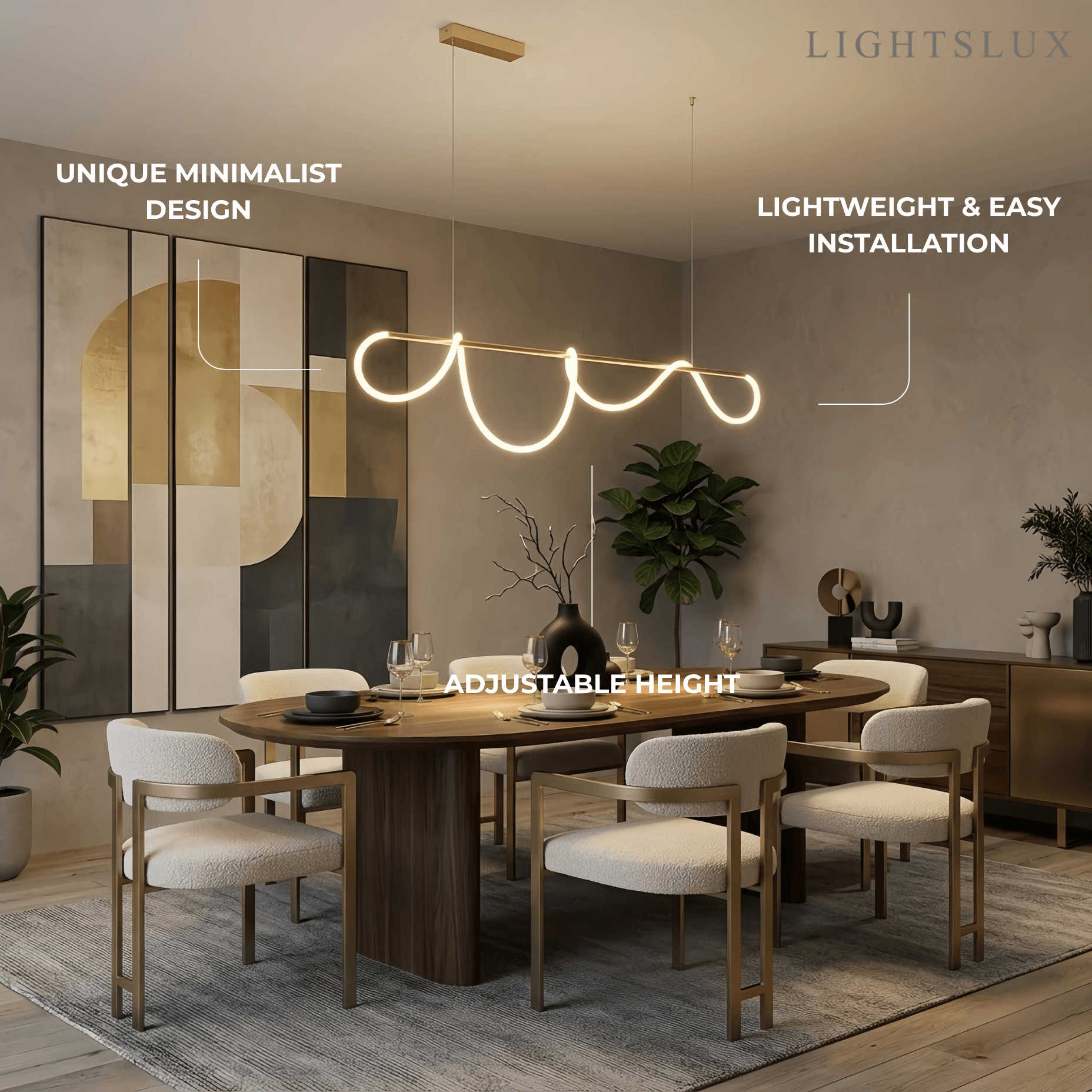 Minimalist Linear Chandelier – Brass Rope Gold/Black for Dining Room / Bathroom - Flindria