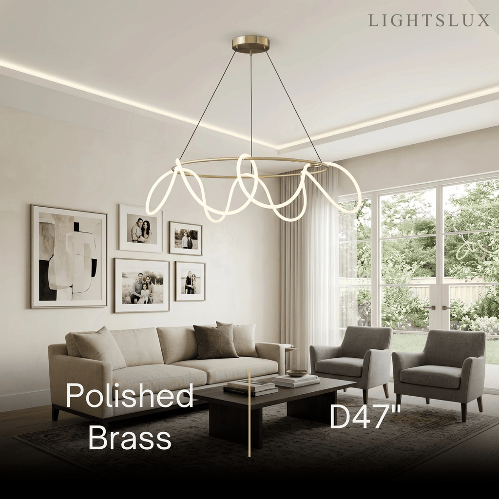 Minimalist Rope-Wrap Circular Chandelier – Matte Black or Polished Brass for Living Room / Dining Room - Flindria
