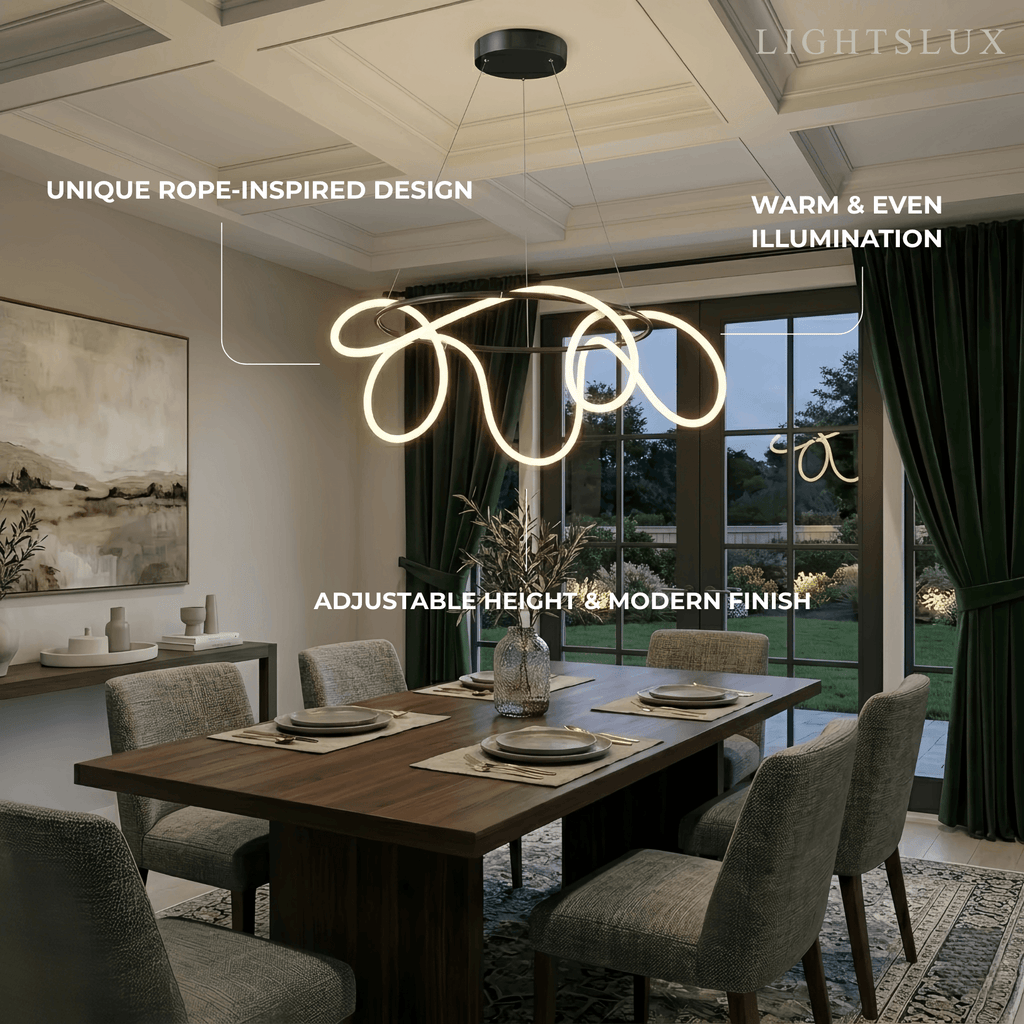 Minimalist Rope-Wrap Circular Chandelier – Matte Black or Polished Brass for Living Room / Dining Room - Flindria