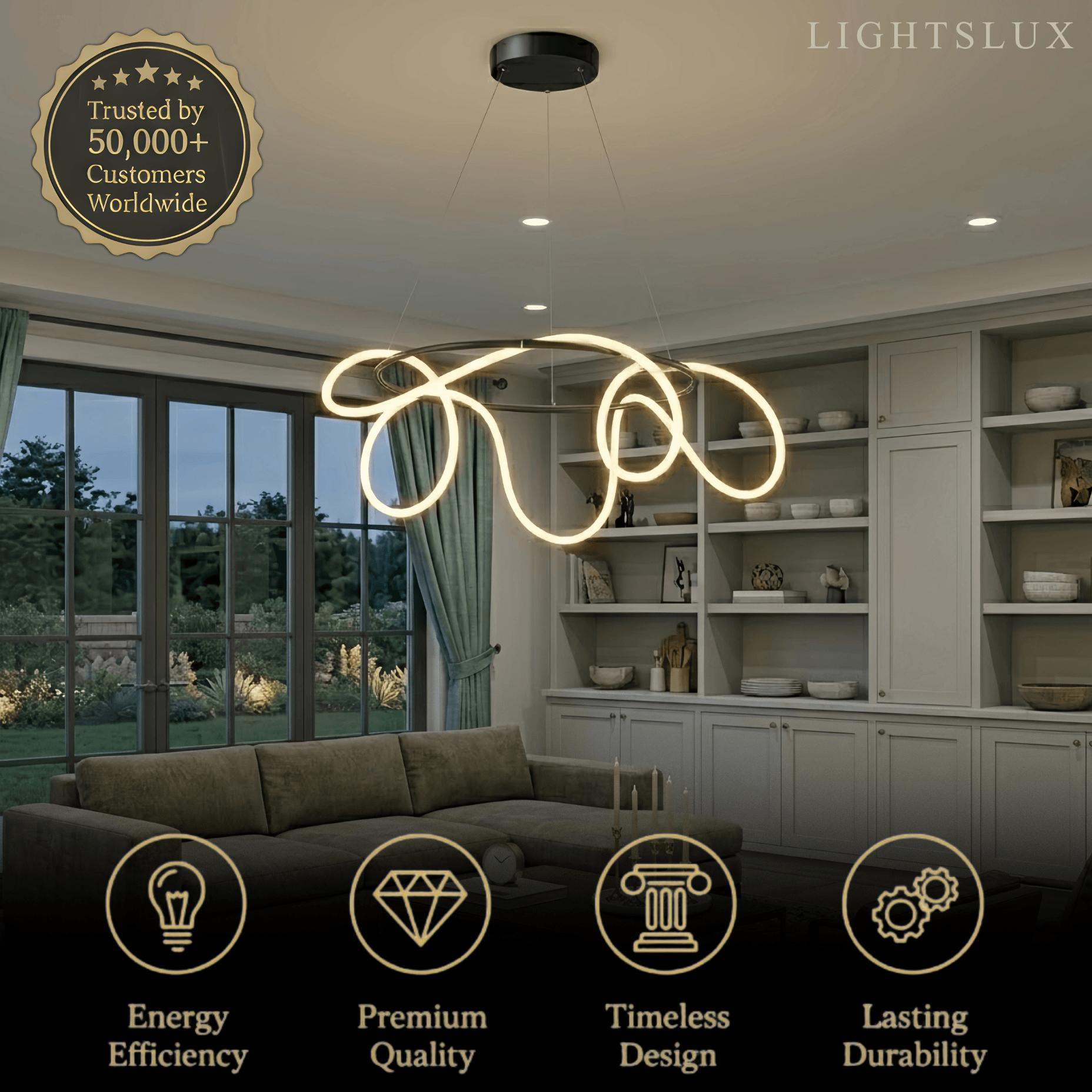 Minimalist Rope-Wrap Circular Chandelier – Matte Black or Polished Brass for Living Room / Dining Room - Flindria
