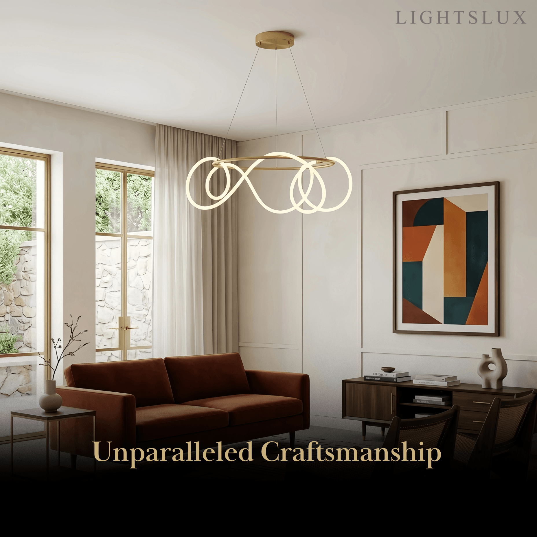 Minimalist Rope-Wrap Circular Chandelier – Matte Black or Polished Brass for Living Room / Dining Room - Flindria