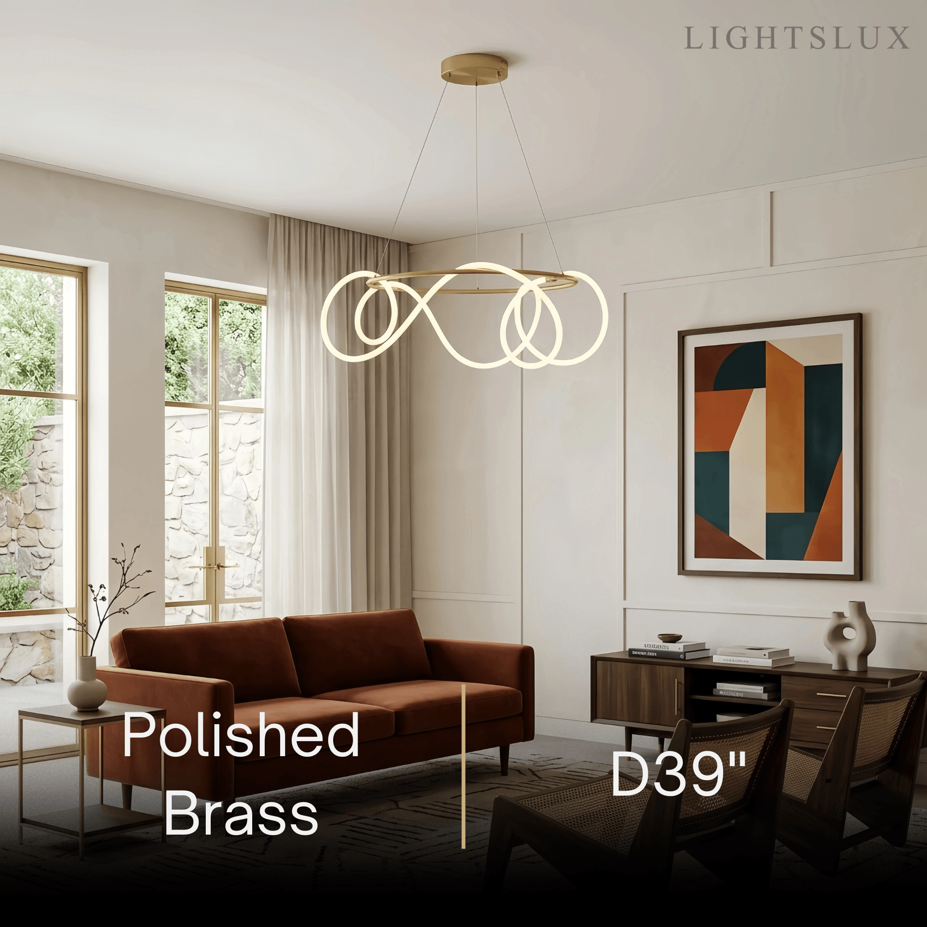 Minimalist Rope-Wrap Circular Chandelier – Matte Black or Polished Brass for Living Room / Dining Room - Flindria