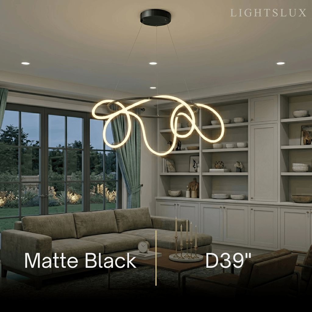 Minimalist Rope-Wrap Circular Chandelier – Matte Black or Polished Brass for Living Room / Dining Room - Flindria