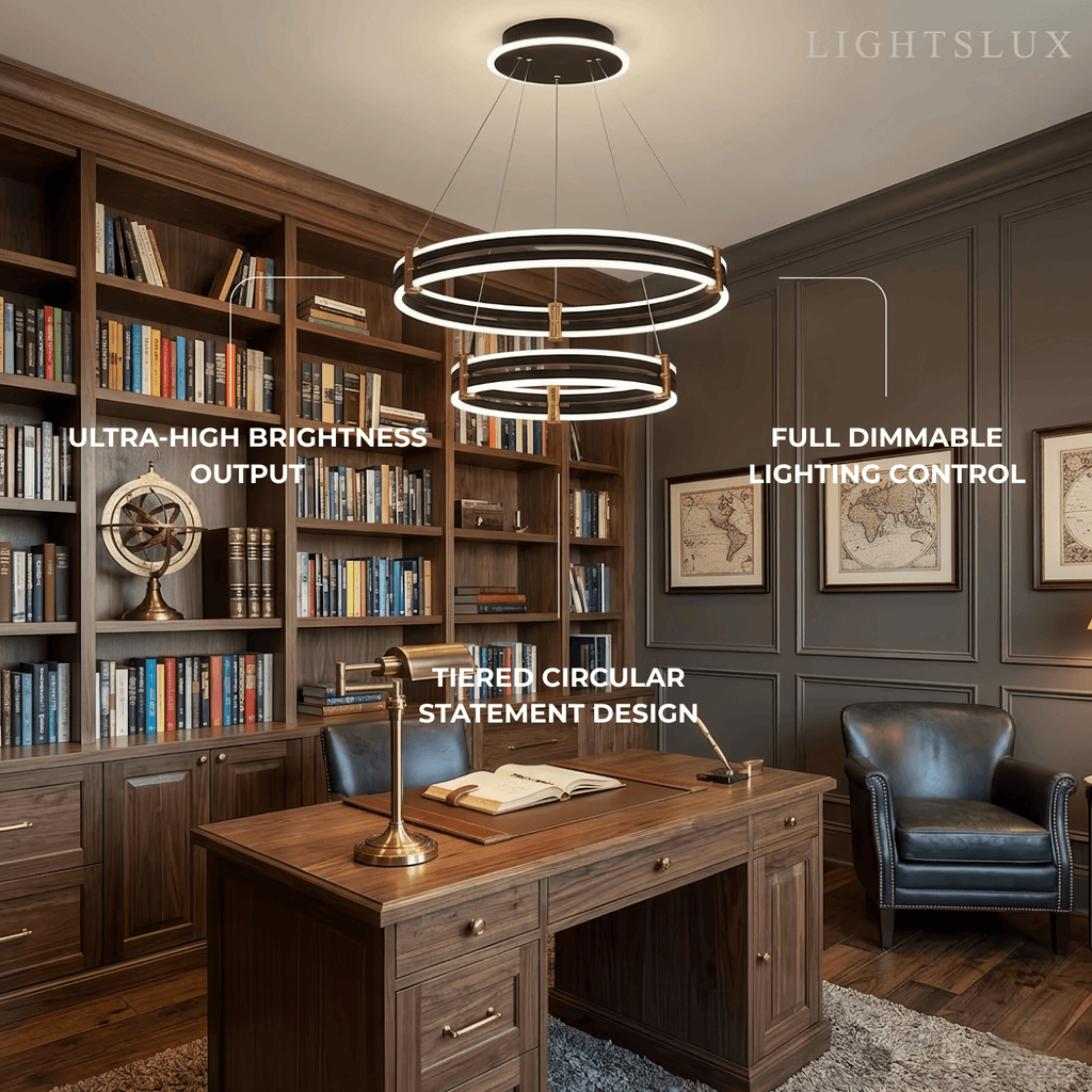 Modern Tiered Circular Chandelier -- Black Metal Rings for Living Room Dining Room - Flindria