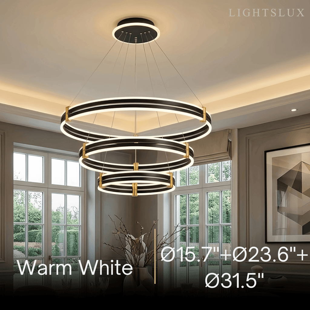 Modern Tiered Circular Chandelier -- Black Metal Rings for Living Room Dining Room - Flindria