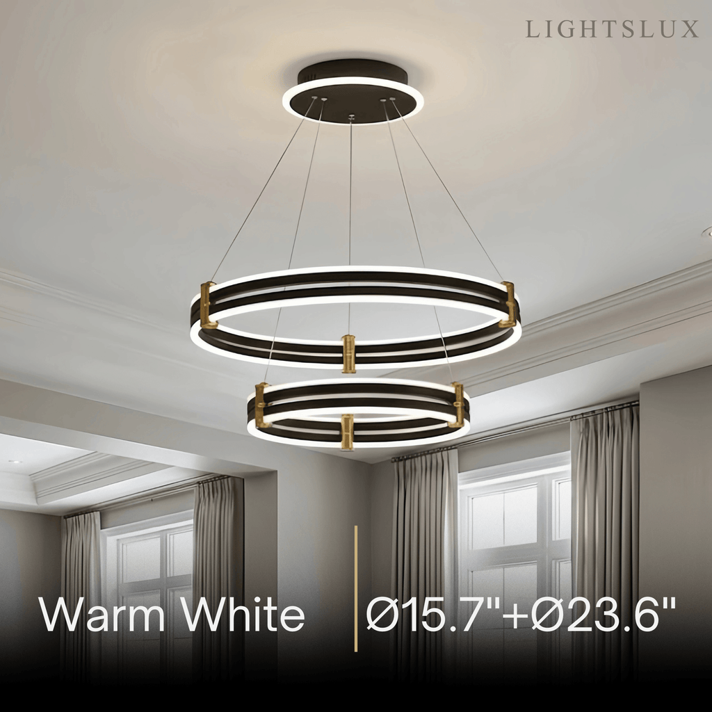 Modern Tiered Circular Chandelier -- Black Metal Rings for Living Room Dining Room - Flindria