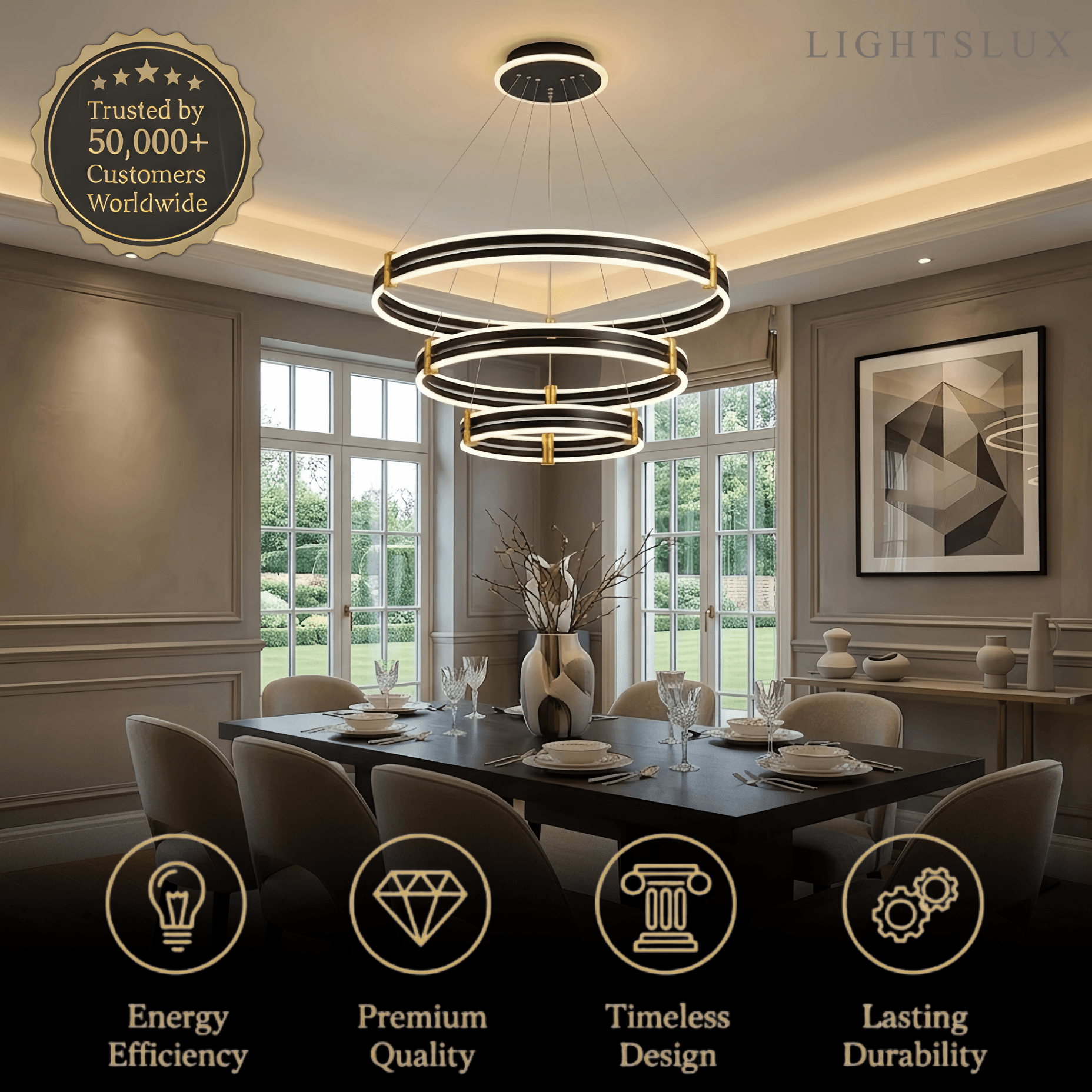 Modern Tiered Circular Chandelier -- Black Metal Rings for Living Room Dining Room - Flindria