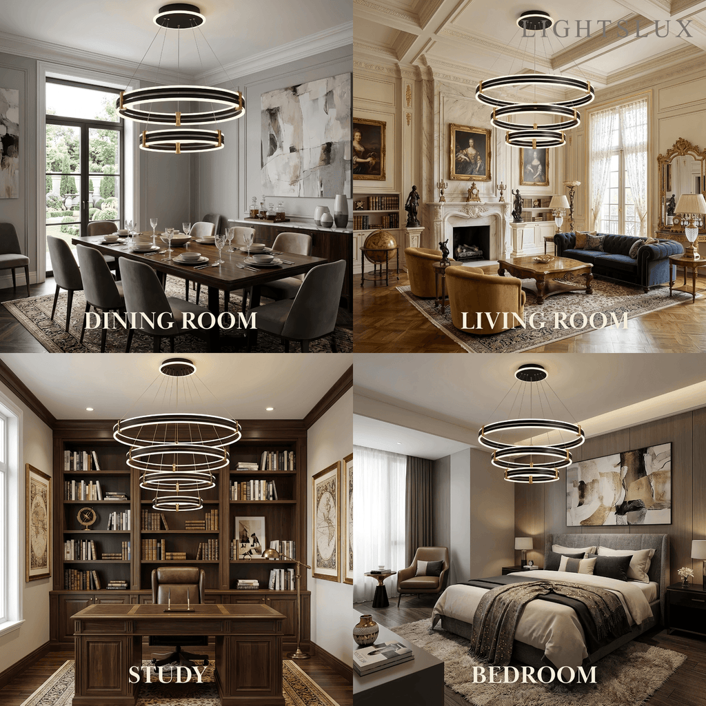 Modern Tiered Circular Chandelier -- Black Metal Rings for Living Room Dining Room - Flindria