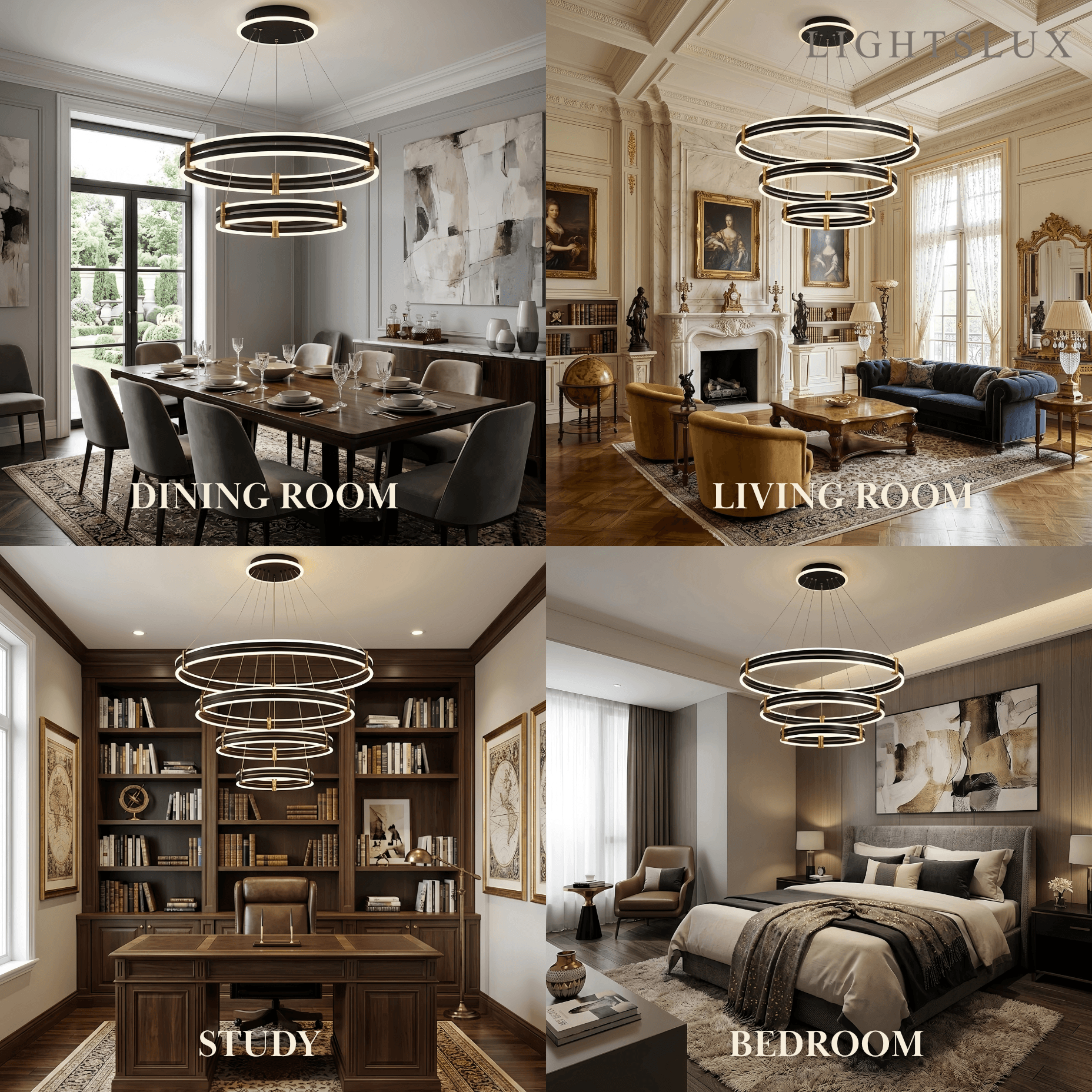 Modern Tiered Circular Chandelier -- Black Metal Rings for Living Room Dining Room - Flindria