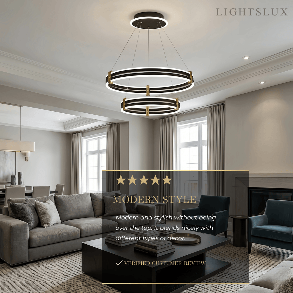 Modern Tiered Circular Chandelier -- Black Metal Rings for Living Room Dining Room - Flindria