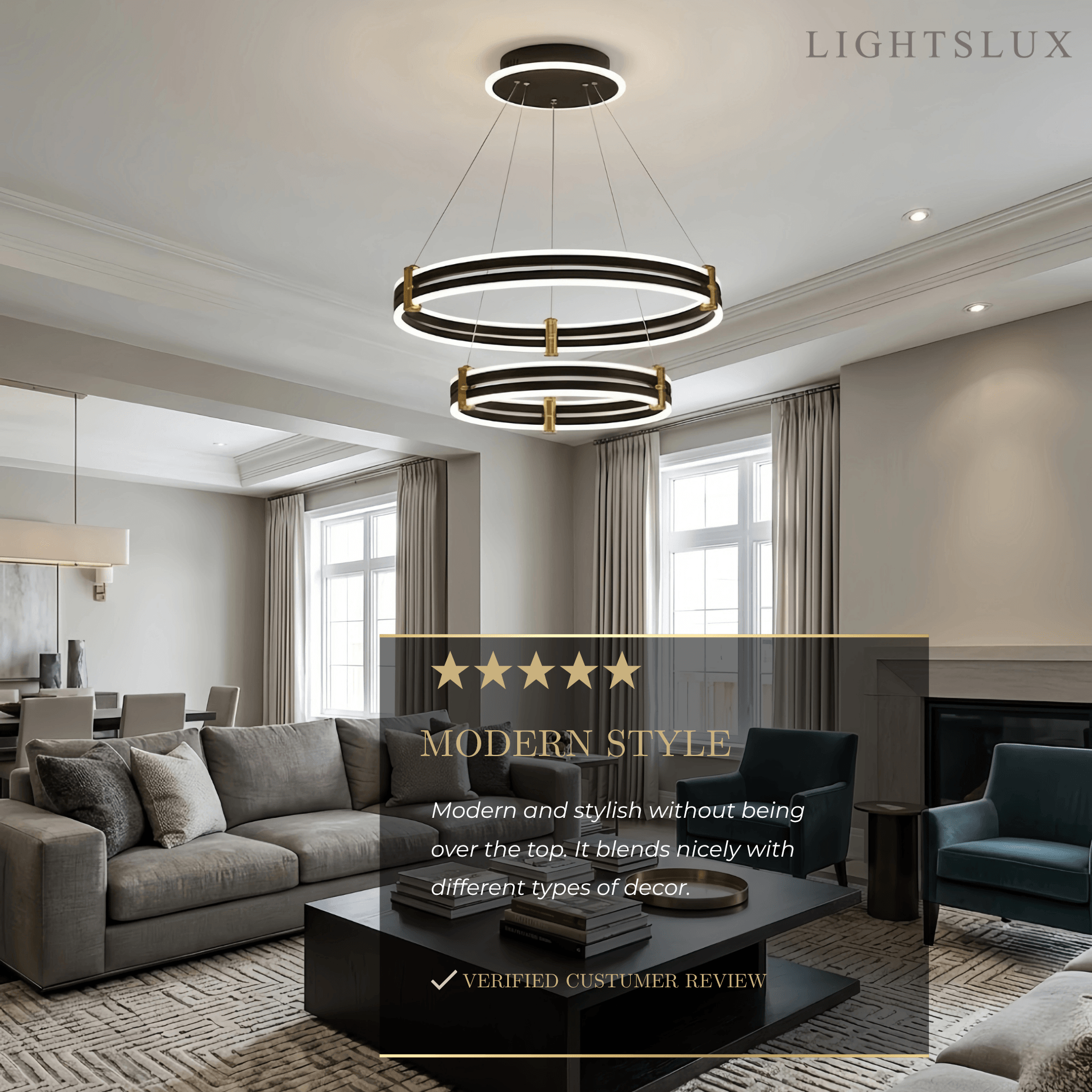 Modern Tiered Circular Chandelier -- Black Metal Rings for Living Room Dining Room - Flindria