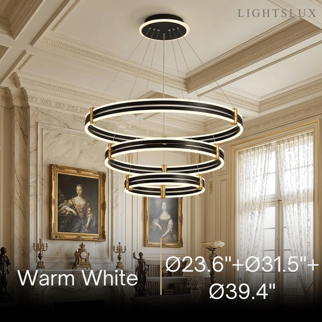 Modern Tiered Circular Chandelier -- Black Metal Rings for Living Room Dining Room - Flindria