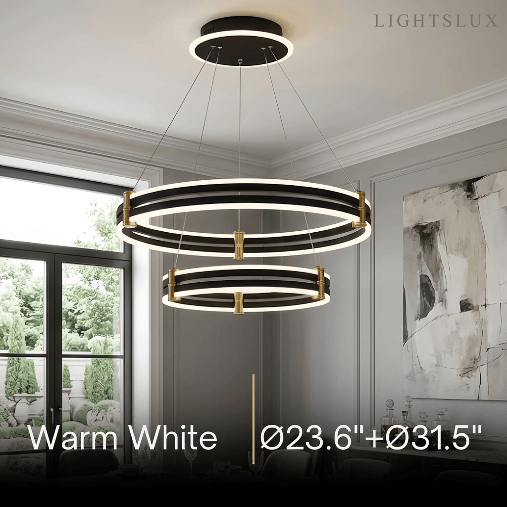 Modern Tiered Circular Chandelier -- Black Metal Rings for Living Room Dining Room - Flindria