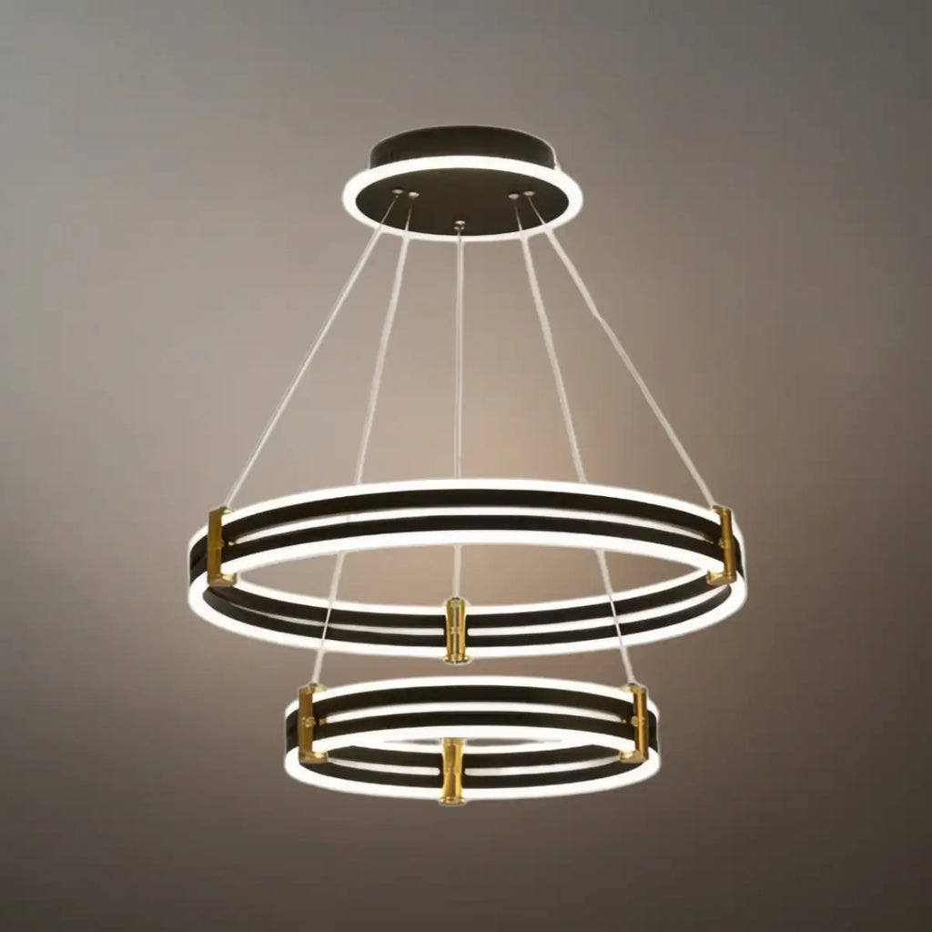 Modern Tiered Circular Chandelier -- Black Metal Rings for Living Room Dining Room - Flindria