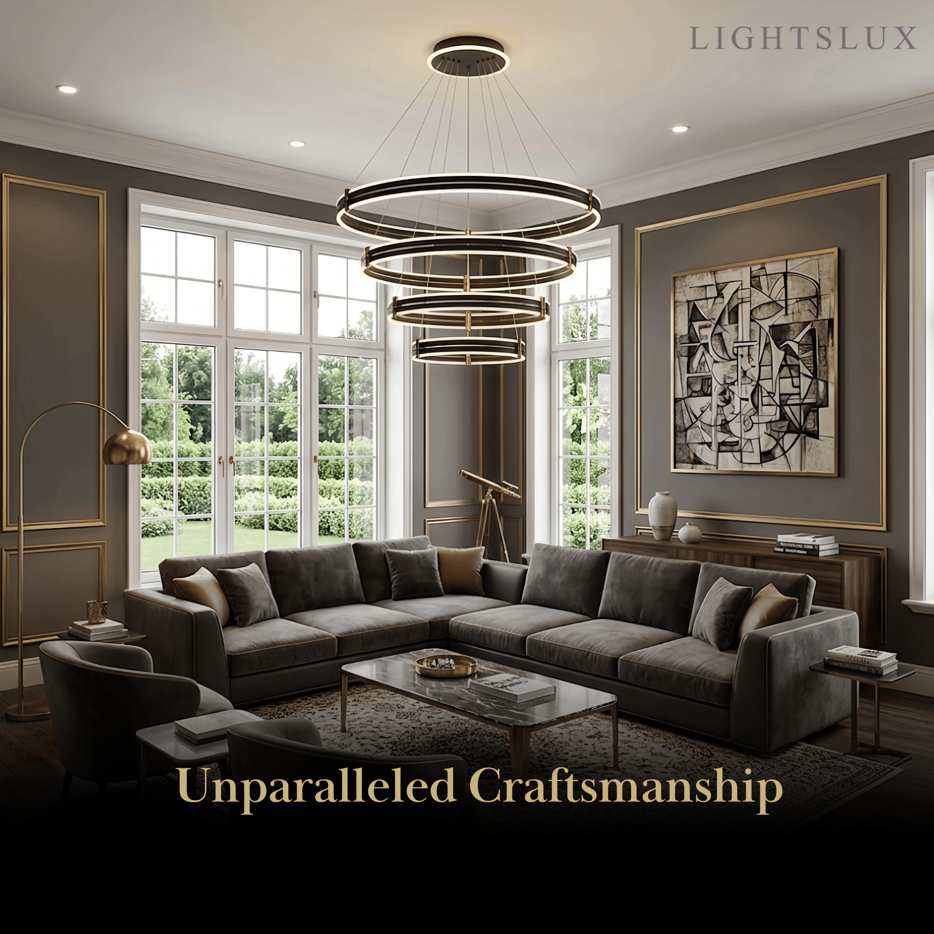 Modern Tiered Circular Chandelier -- Black Metal Rings for Living Room Dining Room - Flindria