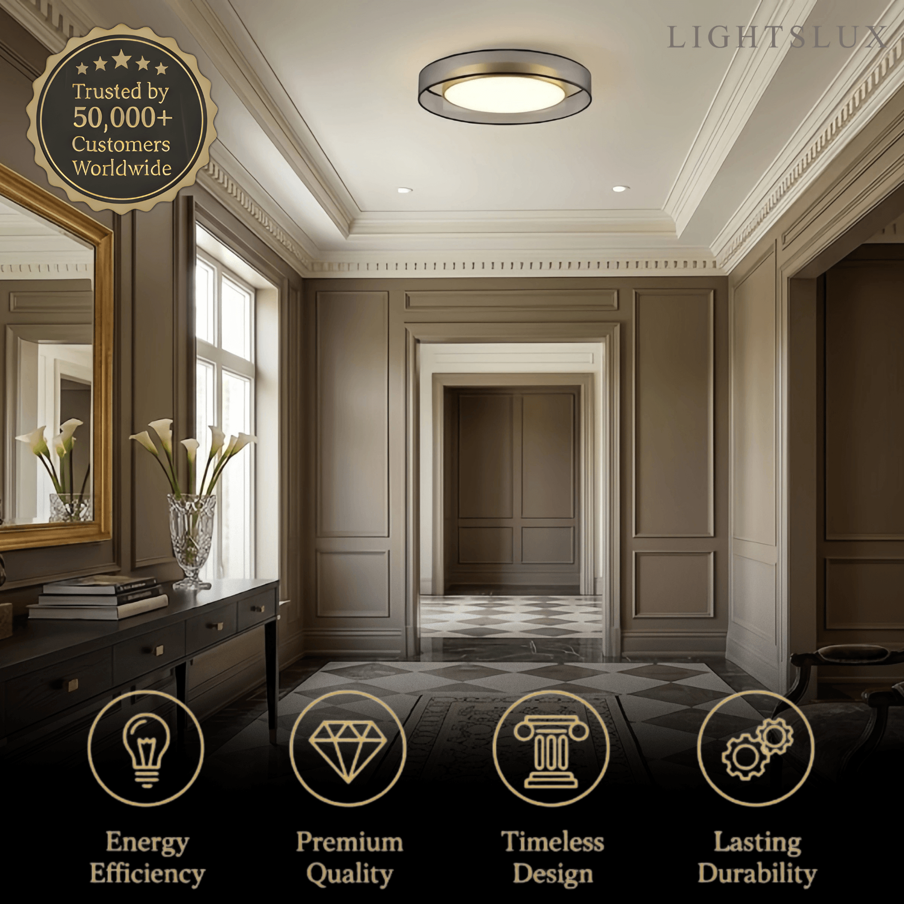 Art Deco Round Ceiling Light -- Black Metal & Fabric for Bedroom Living Room - Flindria
