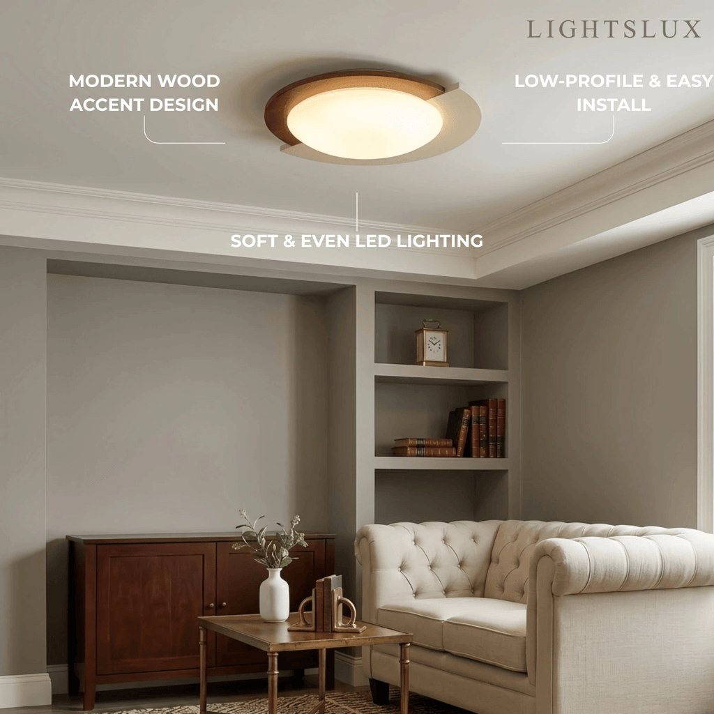 Modern Walnut Round Ceiling Light -- White Metal & Acrylic for Bedroom - Flindria