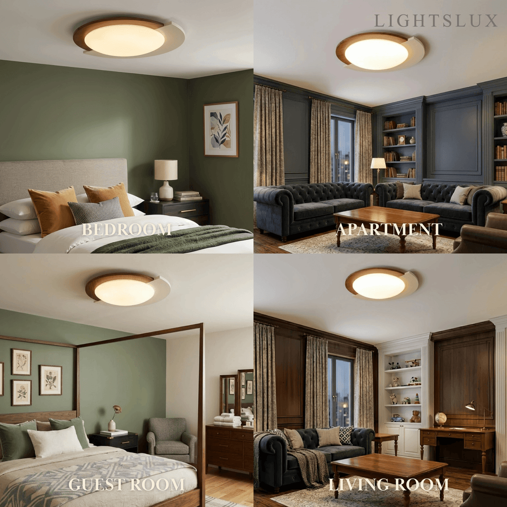 Modern Walnut Round Ceiling Light -- White Metal & Acrylic for Bedroom - Flindria