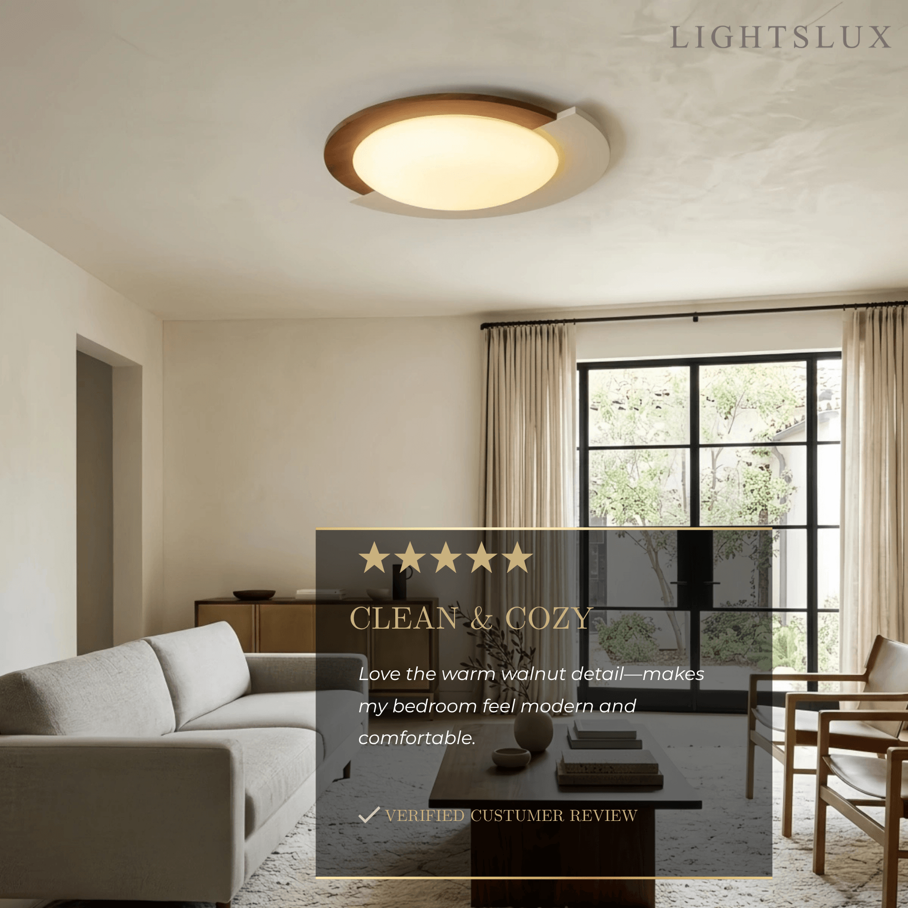 Modern Walnut Round Ceiling Light -- White Metal & Acrylic for Bedroom - Flindria