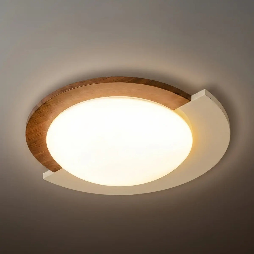 Modern Walnut Round Ceiling Light -- White Metal & Acrylic for Bedroom - Flindria