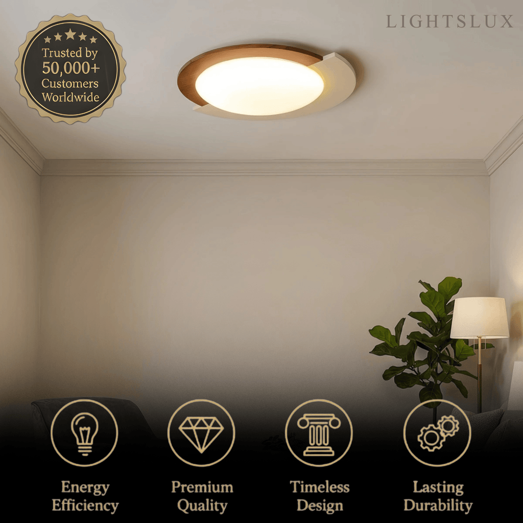 Modern Walnut Round Ceiling Light -- White Metal & Acrylic for Bedroom - Flindria