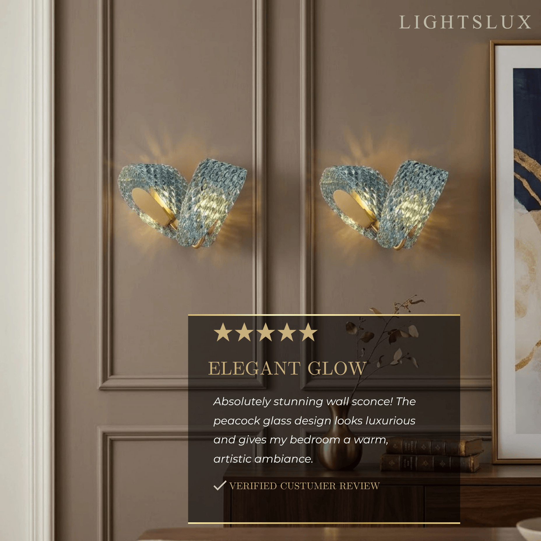 Art Deco Peacock Glass Wall Lamp -- Gold Frame for Bedroom Living Room - Flindria