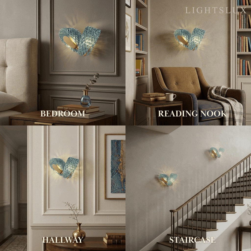 Art Deco Peacock Glass Wall Lamp -- Gold Frame for Bedroom Living Room - Flindria