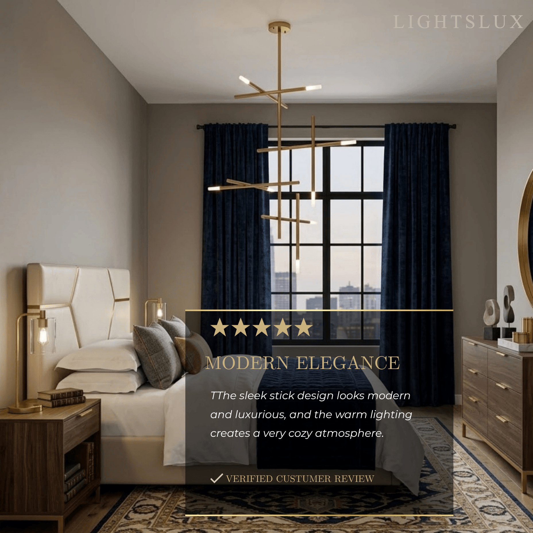 Modern Stick Chandelier -- Metal Gold or Black for Living Room Dining Room - Flindria