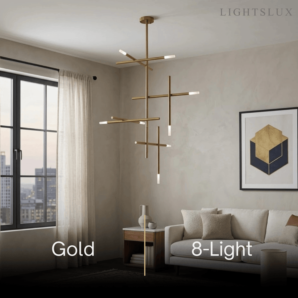 Modern Stick Chandelier -- Metal Gold or Black for Living Room Dining Room - Flindria