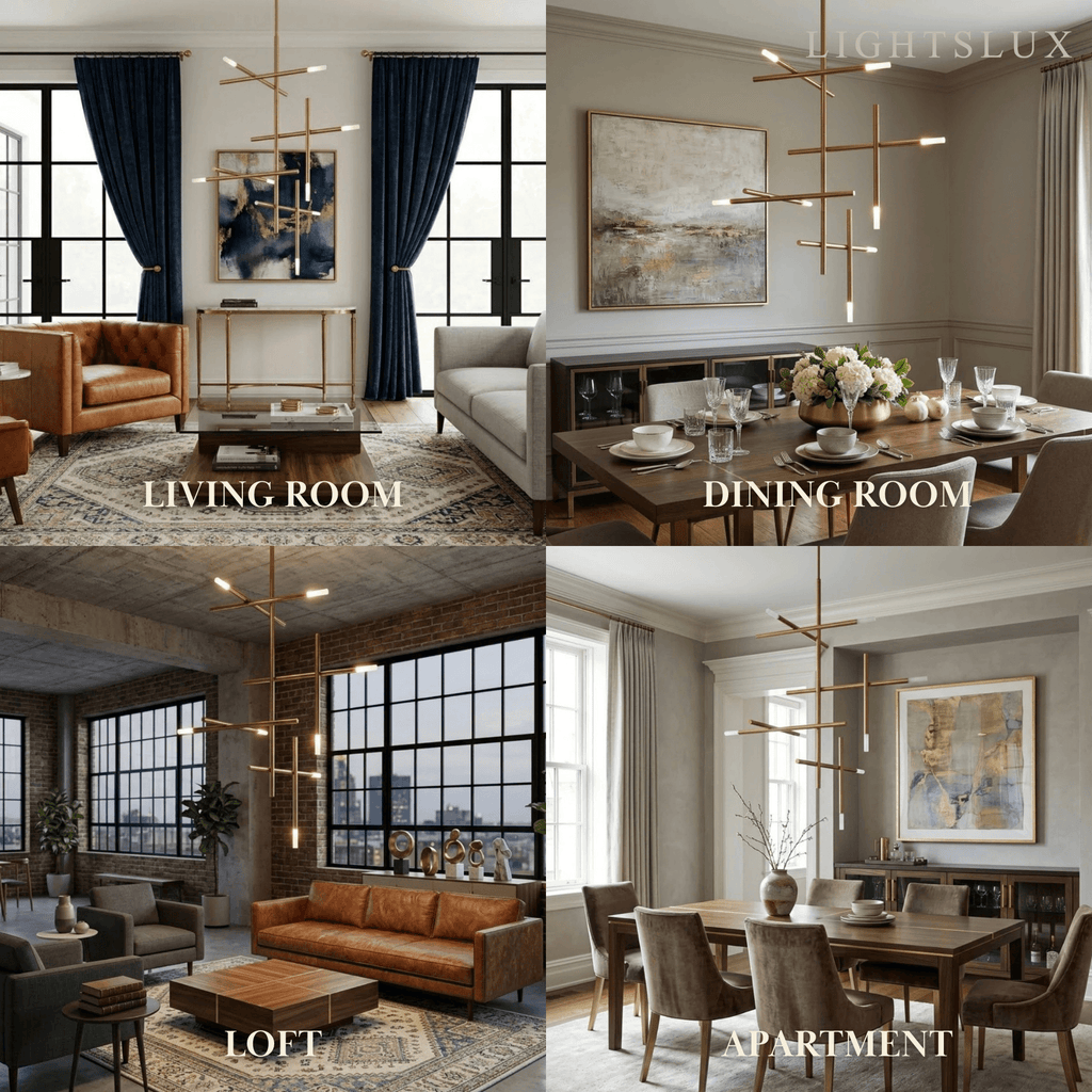 Modern Stick Chandelier -- Metal Gold or Black for Living Room Dining Room - Flindria