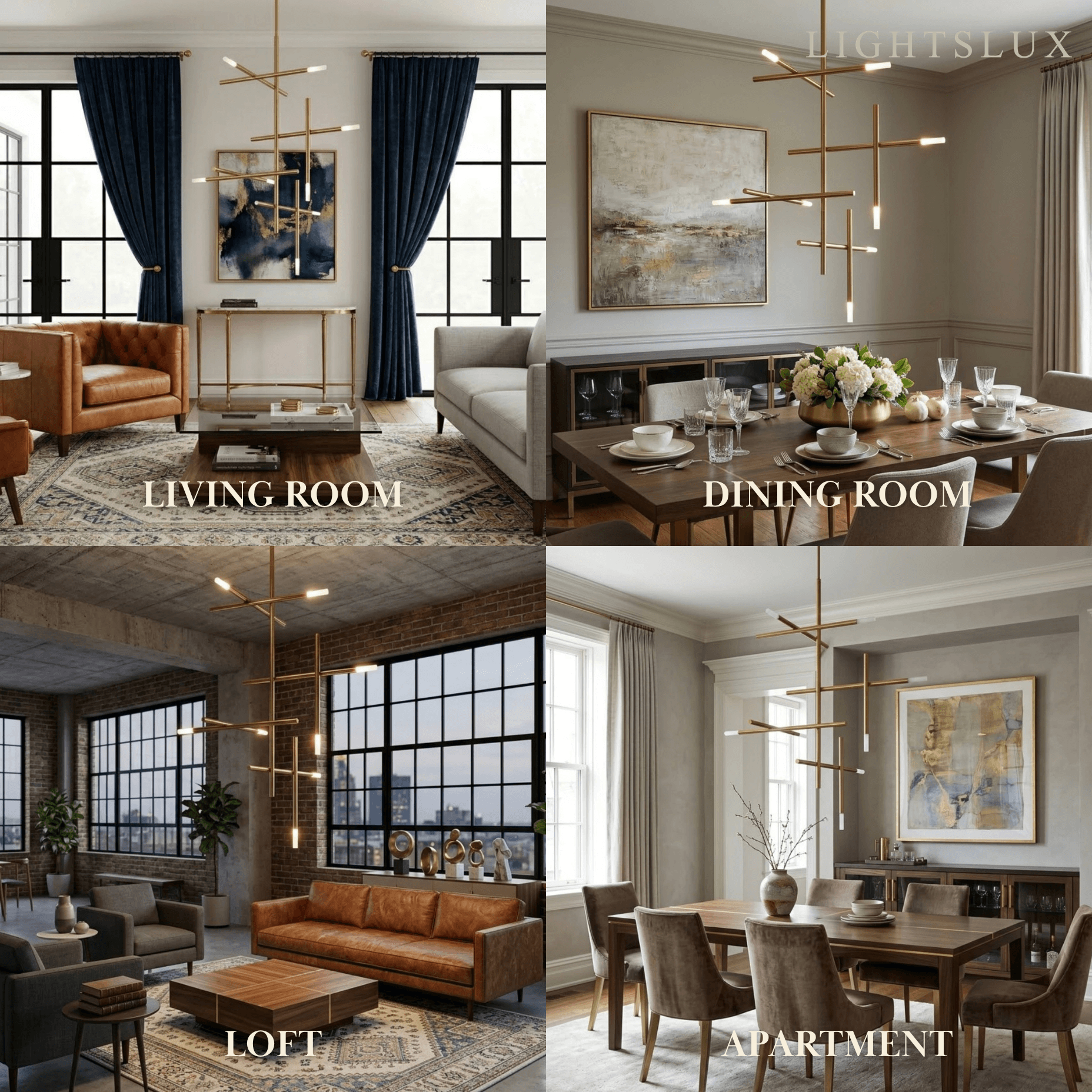 Modern Stick Chandelier -- Metal Gold or Black for Living Room Dining Room - Flindria